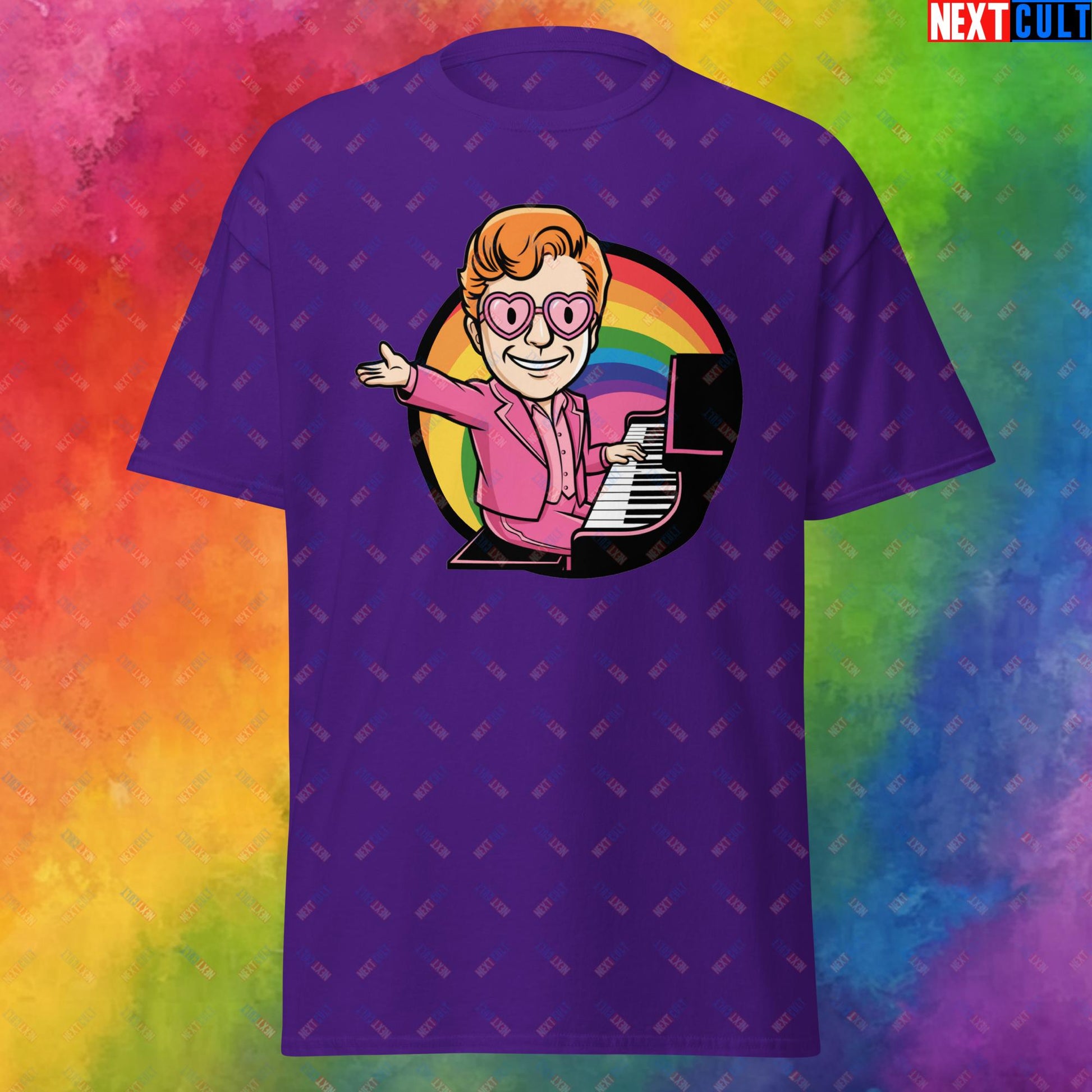 Rocket Boy Elton John Music Vault Boy Fallout Funny Meme Cartoon Mashup Unisex tee Purple T-shirts Elton John Fallout Music Vault Boy Next Cult Brand