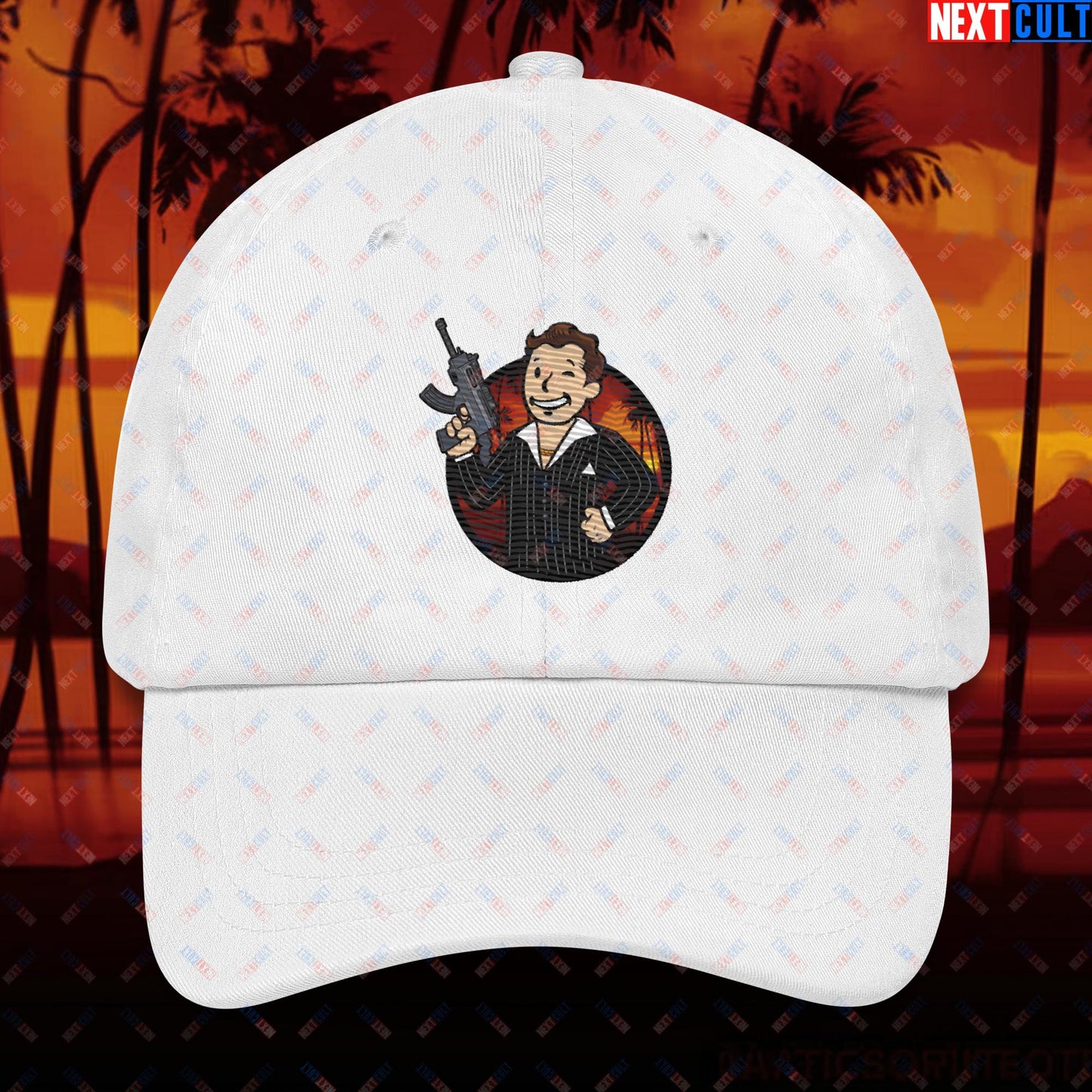 Say Hello To My Little Friend Tony Montana Scarface Vault Boy Fallout Funny Meme Cartoon Mashup Dad hat White Hats Al Pacino Fallout Movies Scarface Vault Boy Next Cult Brand