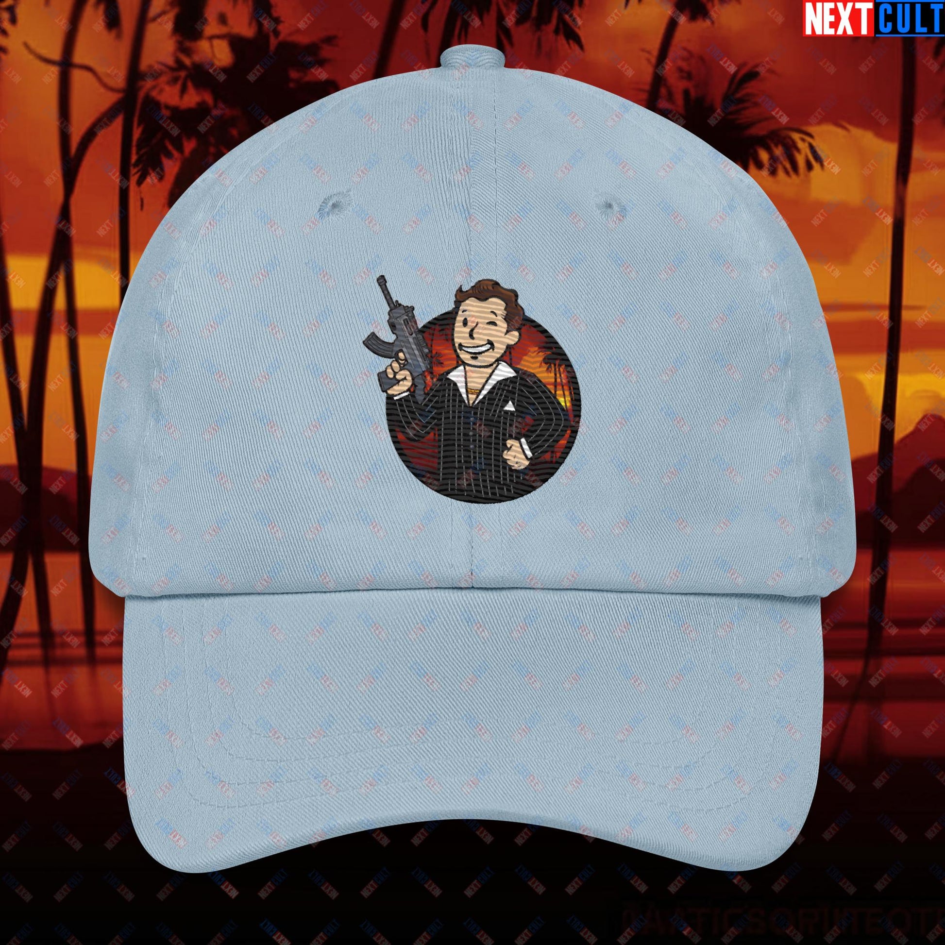 Say Hello To My Little Friend Tony Montana Scarface Vault Boy Fallout Funny Meme Cartoon Mashup Dad hat Light Blue Hats Al Pacino Fallout Movies Scarface Vault Boy Next Cult Brand