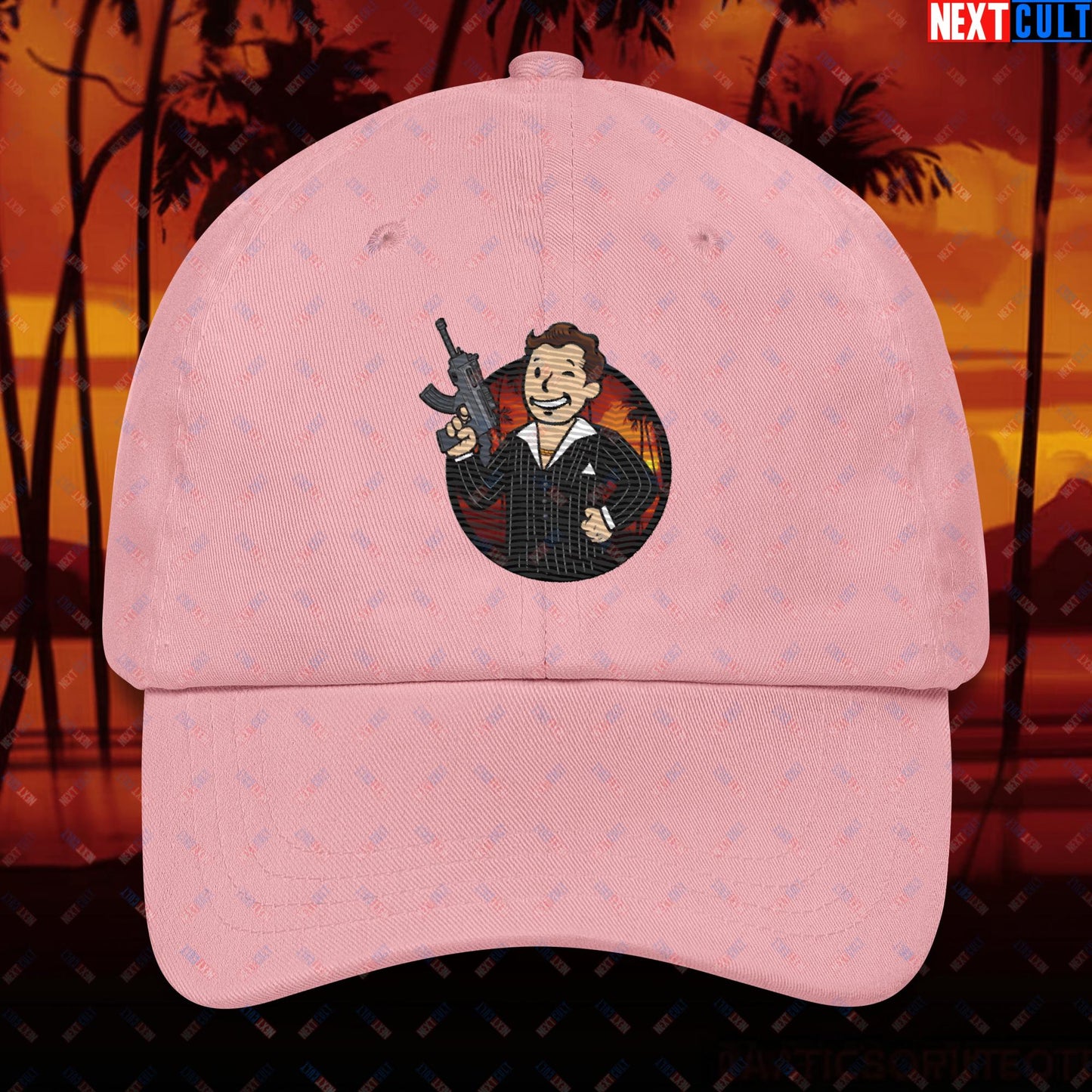 Say Hello To My Little Friend Tony Montana Scarface Vault Boy Fallout Funny Meme Cartoon Mashup Dad hat Pink Hats Al Pacino Fallout Movies Scarface Vault Boy Next Cult Brand