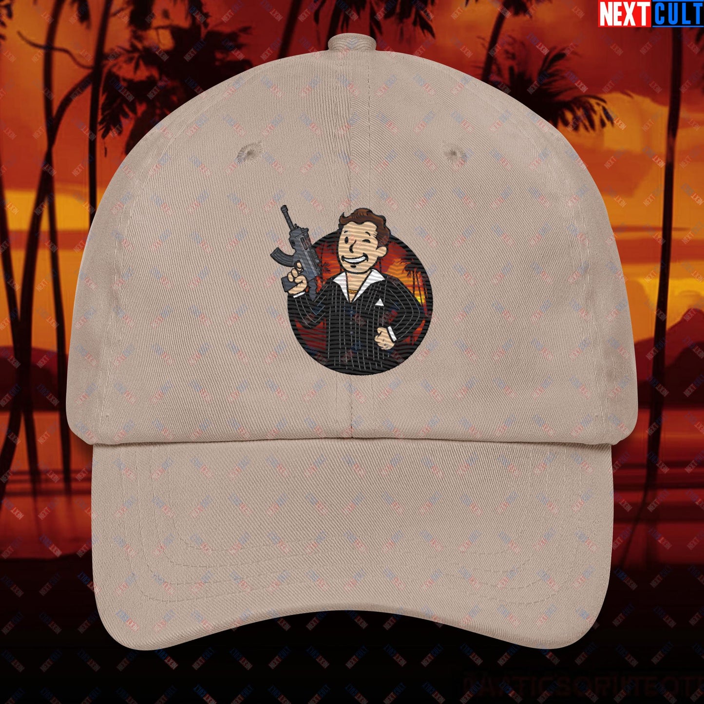 Say Hello To My Little Friend Tony Montana Scarface Vault Boy Fallout Funny Meme Cartoon Mashup Dad hat Next Cult Brand