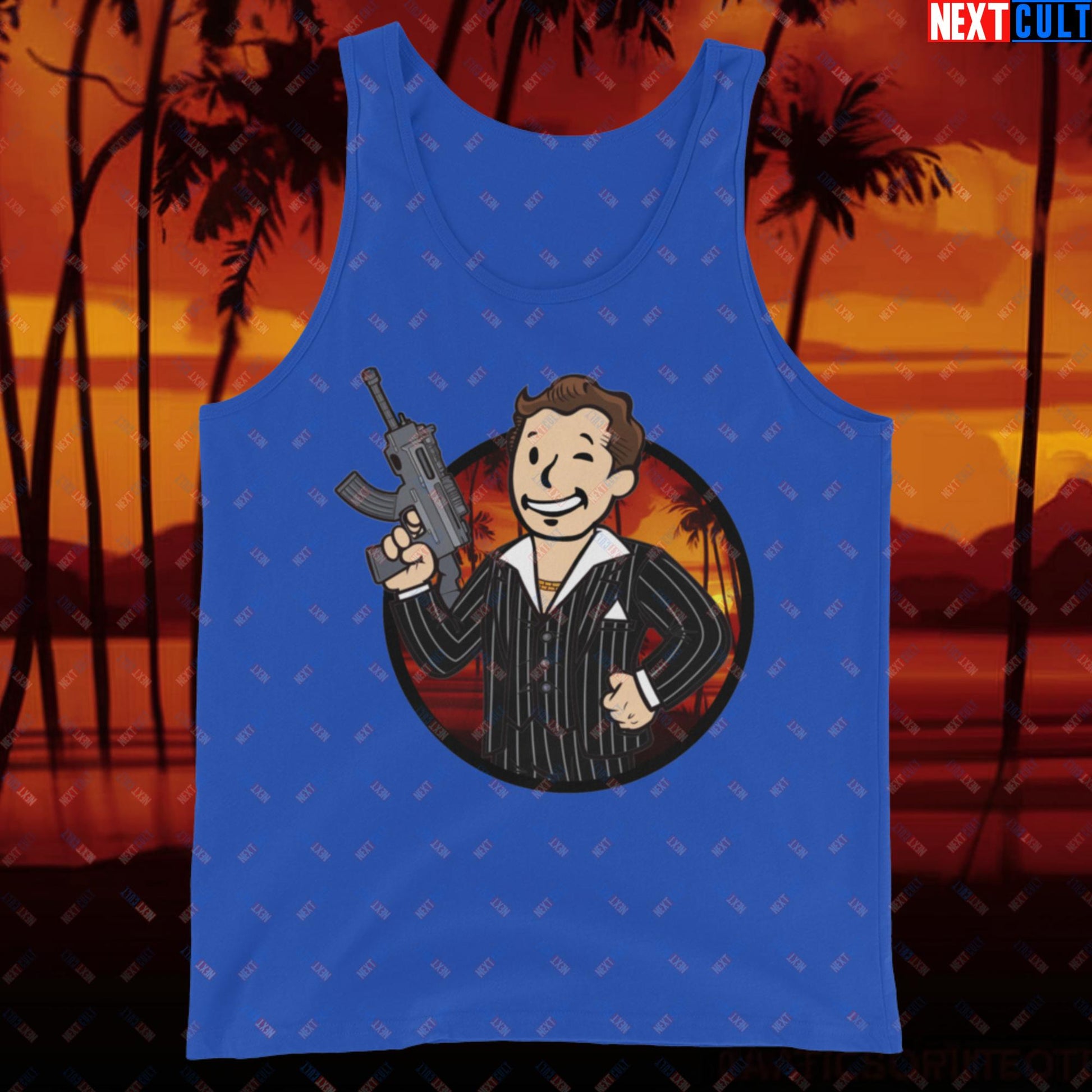 Say Hello To My Little Friend Tony Montana Scarface Vault Boy Fallout Funny Meme Cartoon Mashup Tank Top True Royal Tank Tops Al Pacino Fallout Movies Scarface Vault Boy Next Cult Brand