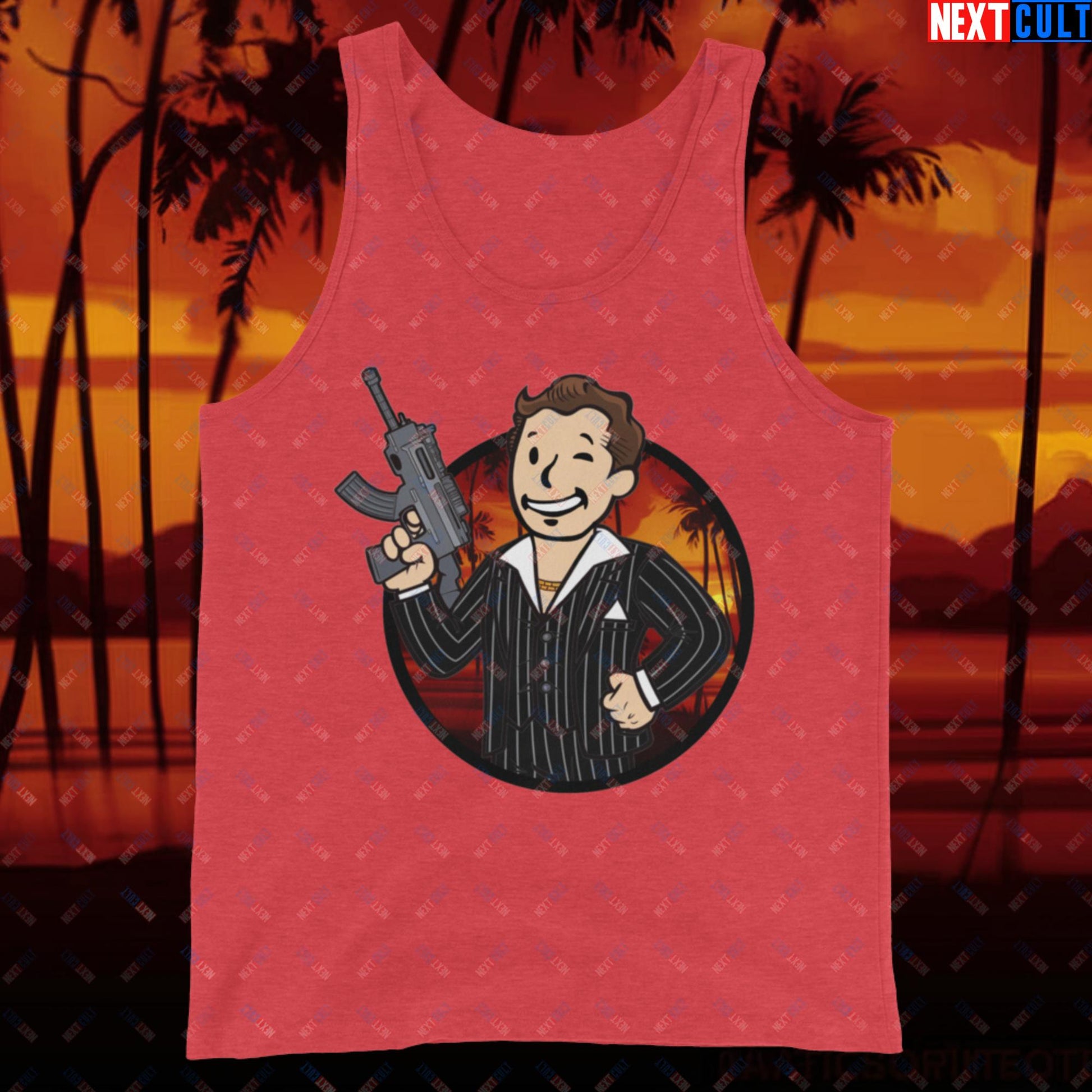 Say Hello To My Little Friend Tony Montana Scarface Vault Boy Fallout Funny Meme Cartoon Mashup Tank Top Red Triblend Tank Tops Al Pacino Fallout Movies Scarface Vault Boy Next Cult Brand