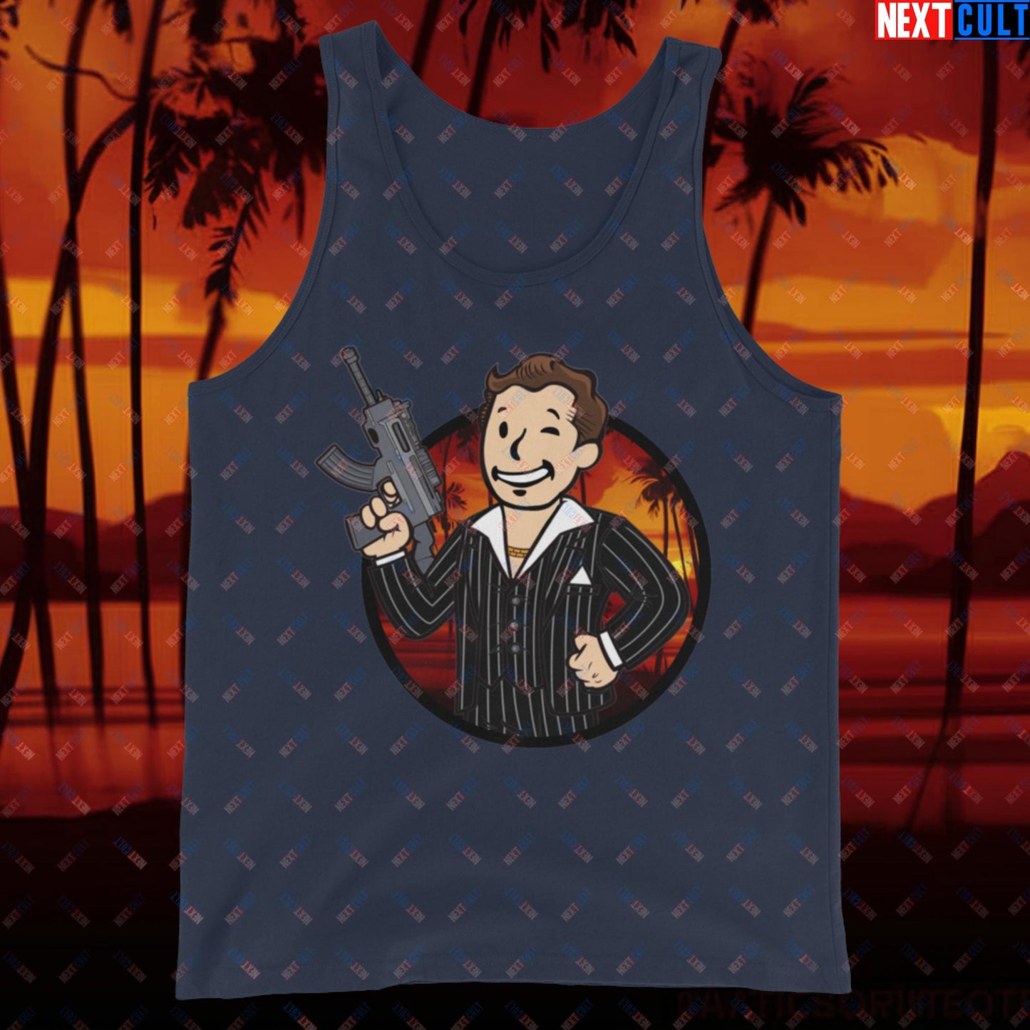 Say Hello To My Little Friend Tony Montana Scarface Vault Boy Fallout Funny Meme Cartoon Mashup Tank Top Navy Tank Tops Al Pacino Fallout Movies Scarface Vault Boy Next Cult Brand