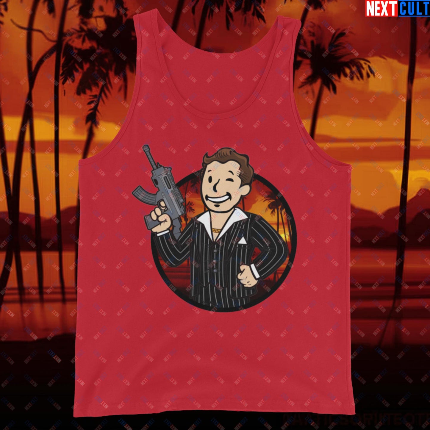 Say Hello To My Little Friend Tony Montana Scarface Vault Boy Fallout Funny Meme Cartoon Mashup Tank Top Red Tank Tops Al Pacino Fallout Movies Scarface Vault Boy Next Cult Brand