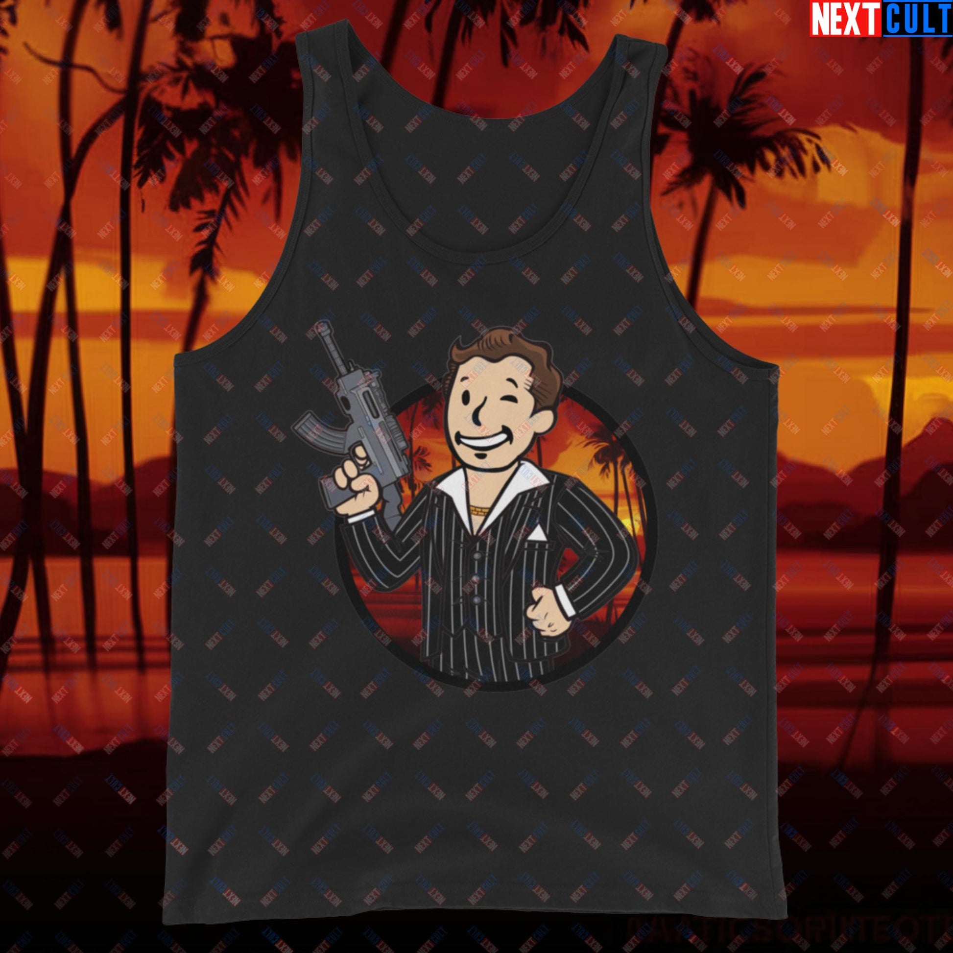 Say Hello To My Little Friend Tony Montana Scarface Vault Boy Fallout Funny Meme Cartoon Mashup Tank Top Next Cult Brand