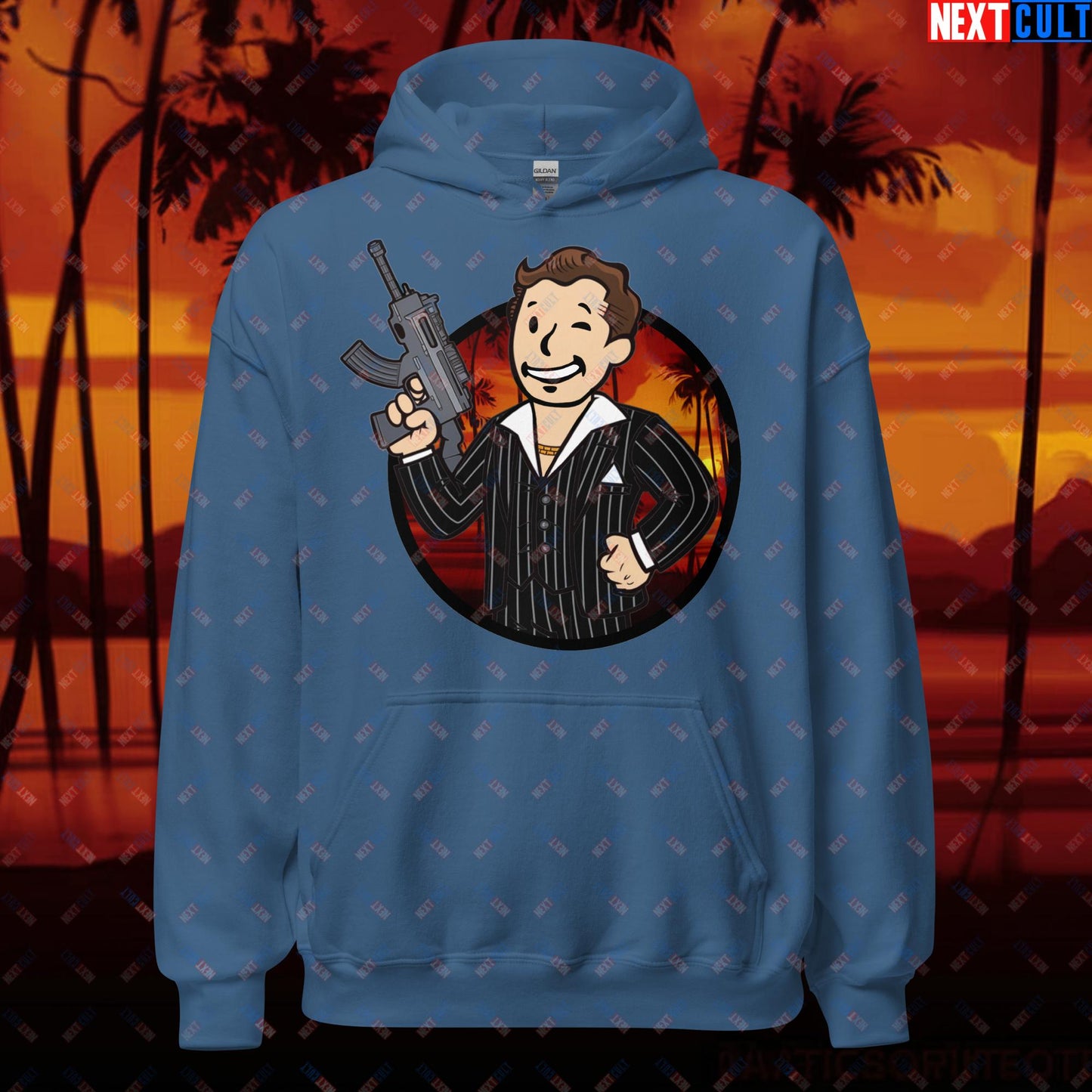 Say Hello To My Little Friend Tony Montana Scarface Vault Boy Fallout Funny Meme Cartoon Mashup Unisex Hoodie Indigo Blue Hoodies Al Pacino Fallout Movies Scarface Vault Boy Next Cult Brand