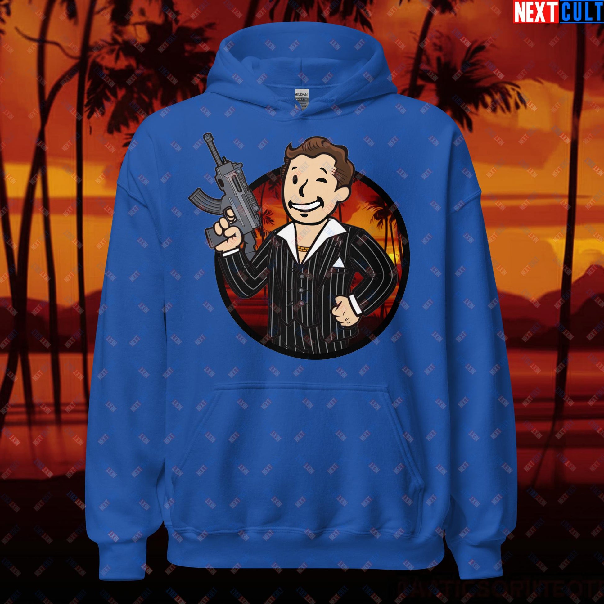 Say Hello To My Little Friend Tony Montana Scarface Vault Boy Fallout Funny Meme Cartoon Mashup Unisex Hoodie Royal Hoodies Al Pacino Fallout Movies Scarface Vault Boy Next Cult Brand