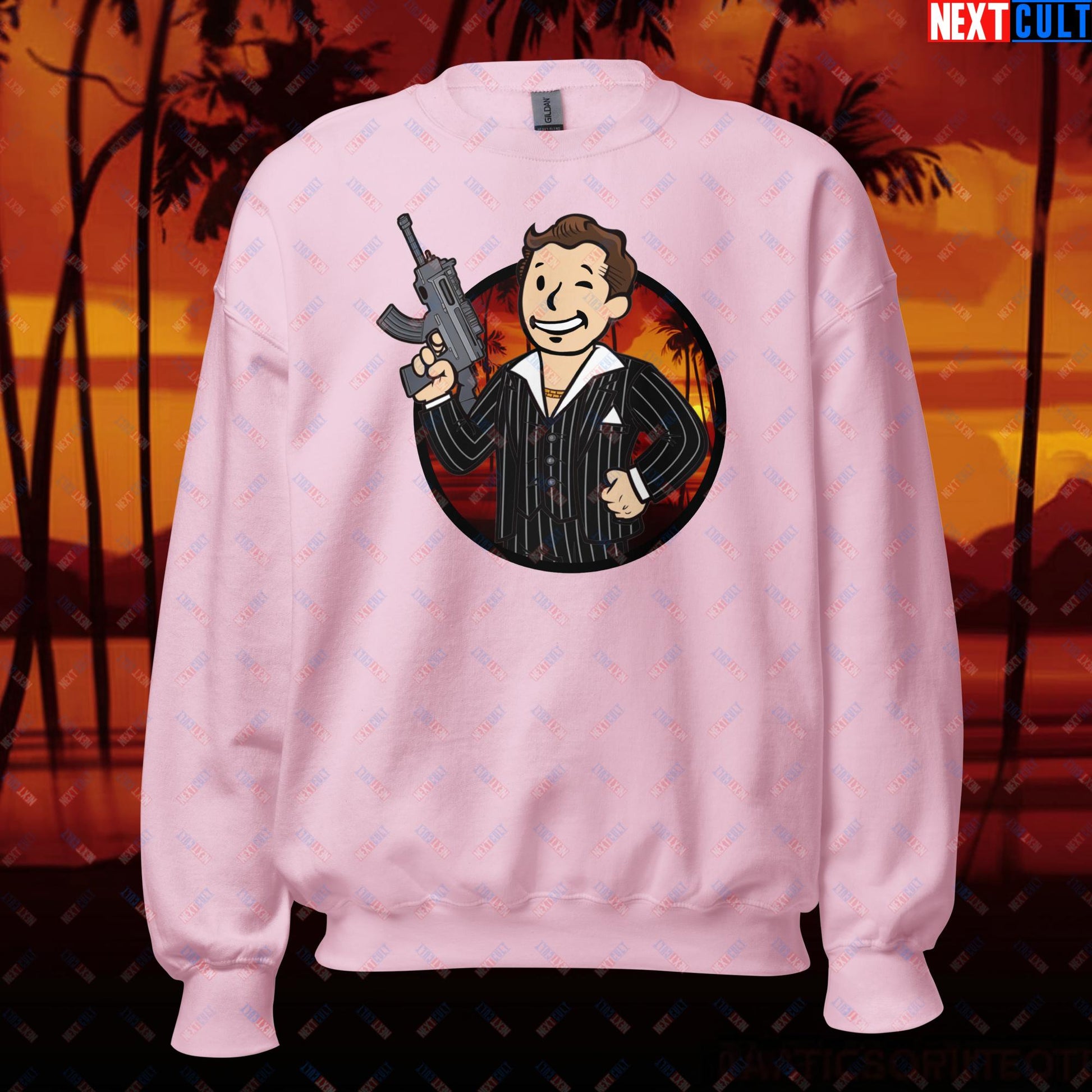 Say Hello To My Little Friend Tony Montana Scarface Vault Boy Fallout Funny Meme Cartoon Mashup Unisex Sweatshirt Light Pink Sweatshirts Al Pacino Fallout Movies Scarface Vault Boy Next Cult Brand