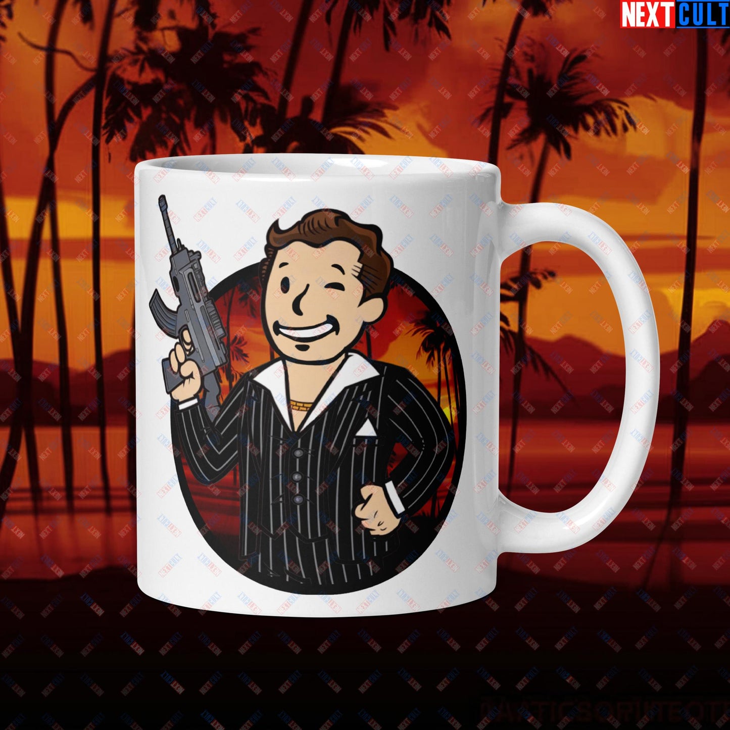 Say Hello To My Little Friend Tony Montana Scarface Vault Boy Fallout Funny Meme Cartoon Mashup White glossy mug Next Cult Brand