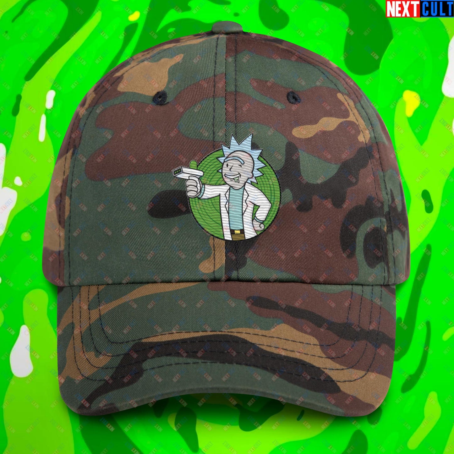 Science Boy Rick and Morty Vault Boy Fallout Funny Meme Cartoon Mashup Dad hat Green Camo Hats Fallout Rick and Morty TV Shows Vault Boy Next Cult Brand