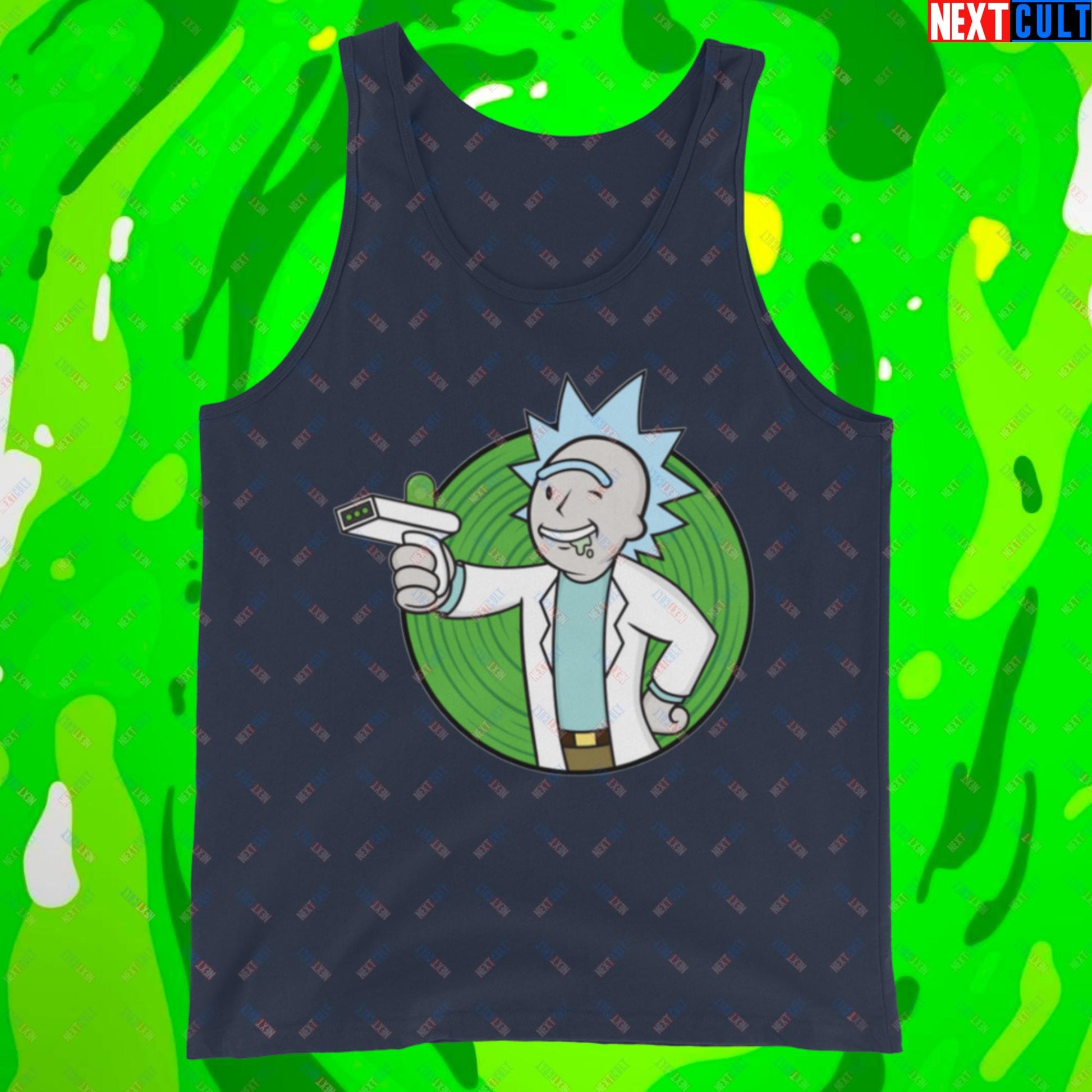 Science Boy Rick and Morty Vault Boy Fallout Funny Meme Cartoon Mashup Tank Top Navy Tank Tops Fallout Rick and Morty TV Shows Vault Boy Next Cult Brand