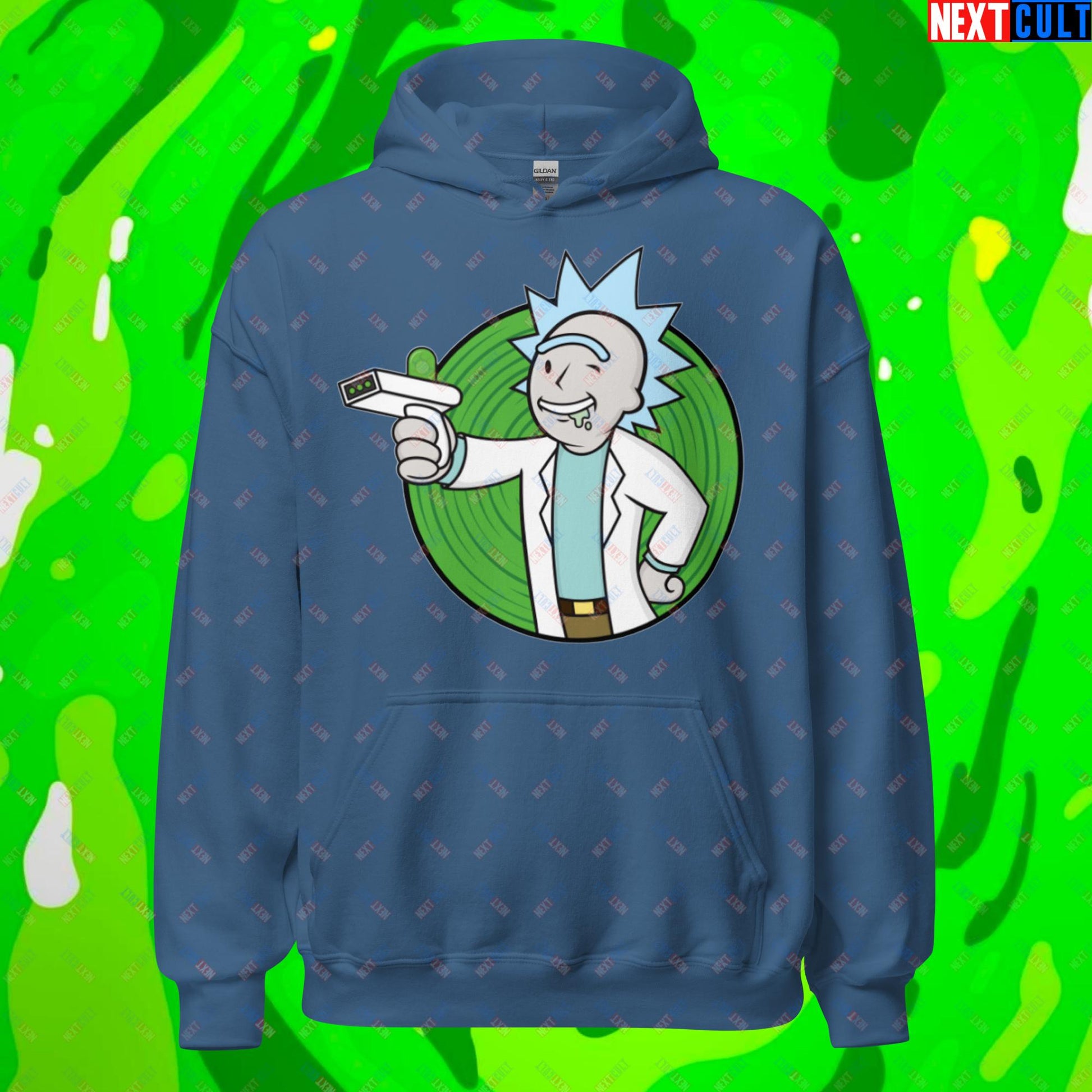 Science Boy Rick and Morty Vault Boy Fallout Funny Meme Cartoon Mashup Unisex Hoodie Indigo Blue Hoodies Fallout Rick and Morty TV Shows Vault Boy Next Cult Brand