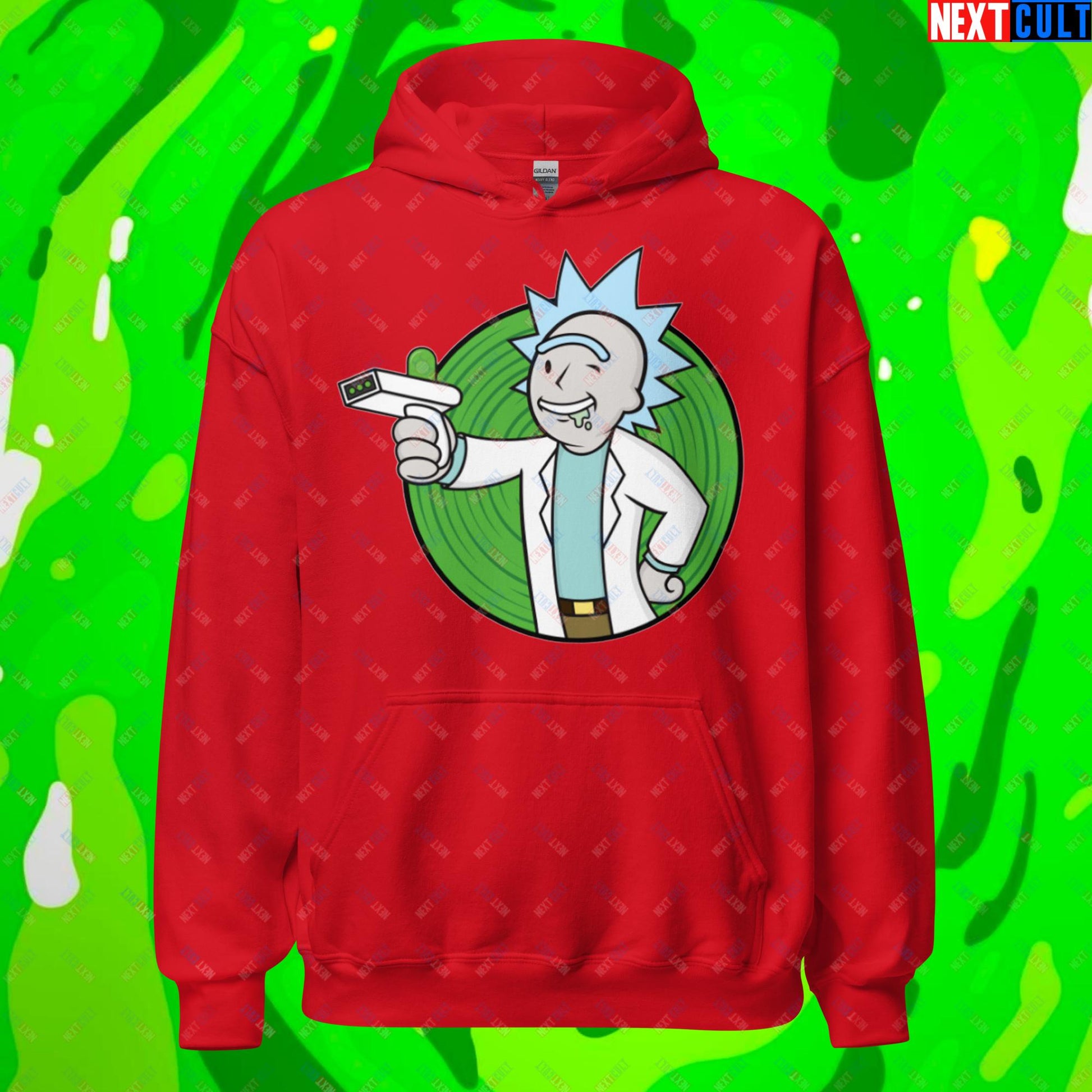 Science Boy Rick and Morty Vault Boy Fallout Funny Meme Cartoon Mashup Unisex Hoodie Red Hoodies Fallout Rick and Morty TV Shows Vault Boy Next Cult Brand