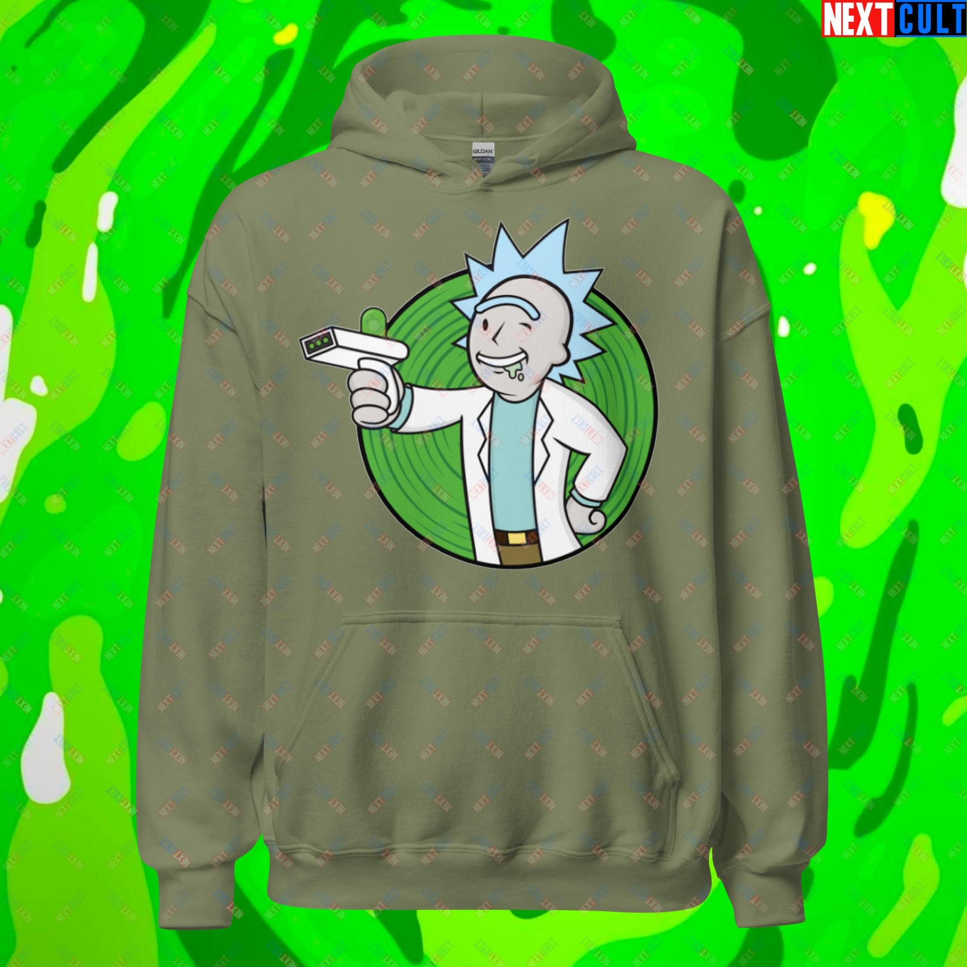 Science Boy Rick and Morty Vault Boy Fallout Funny Meme Cartoon Mashup Unisex Hoodie Military Green Hoodies Fallout Rick and Morty TV Shows Vault Boy Next Cult Brand