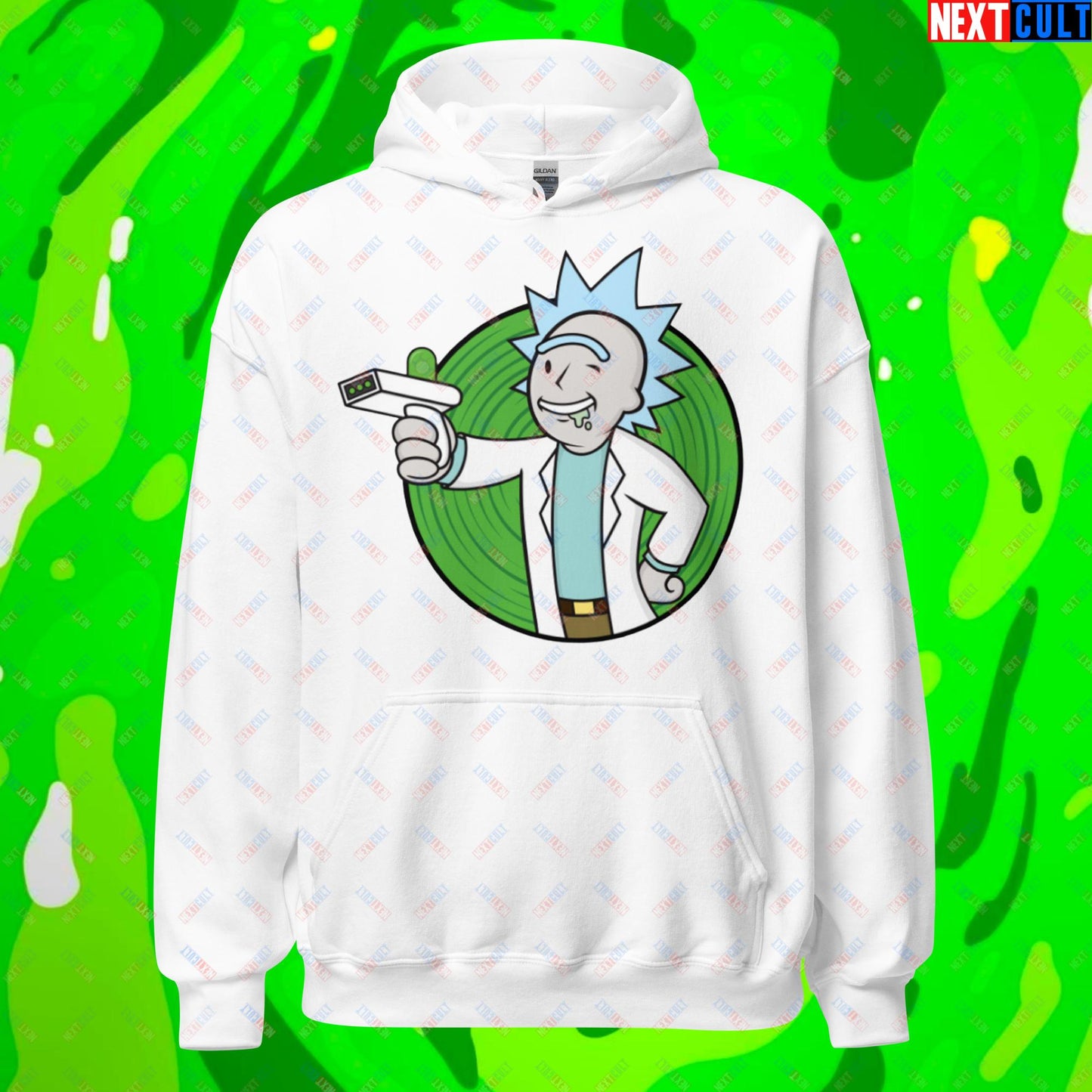 Science Boy Rick and Morty Vault Boy Fallout Funny Meme Cartoon Mashup Unisex Hoodie White Hoodies Fallout Rick and Morty TV Shows Vault Boy Next Cult Brand