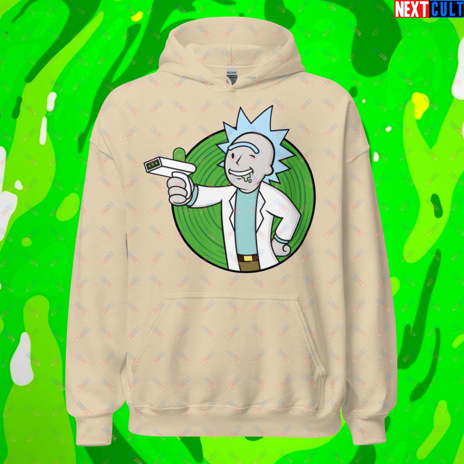 Science Boy Rick and Morty Vault Boy Fallout Funny Meme Cartoon Mashup Unisex Hoodie Sand Hoodies Fallout Rick and Morty TV Shows Vault Boy Next Cult Brand