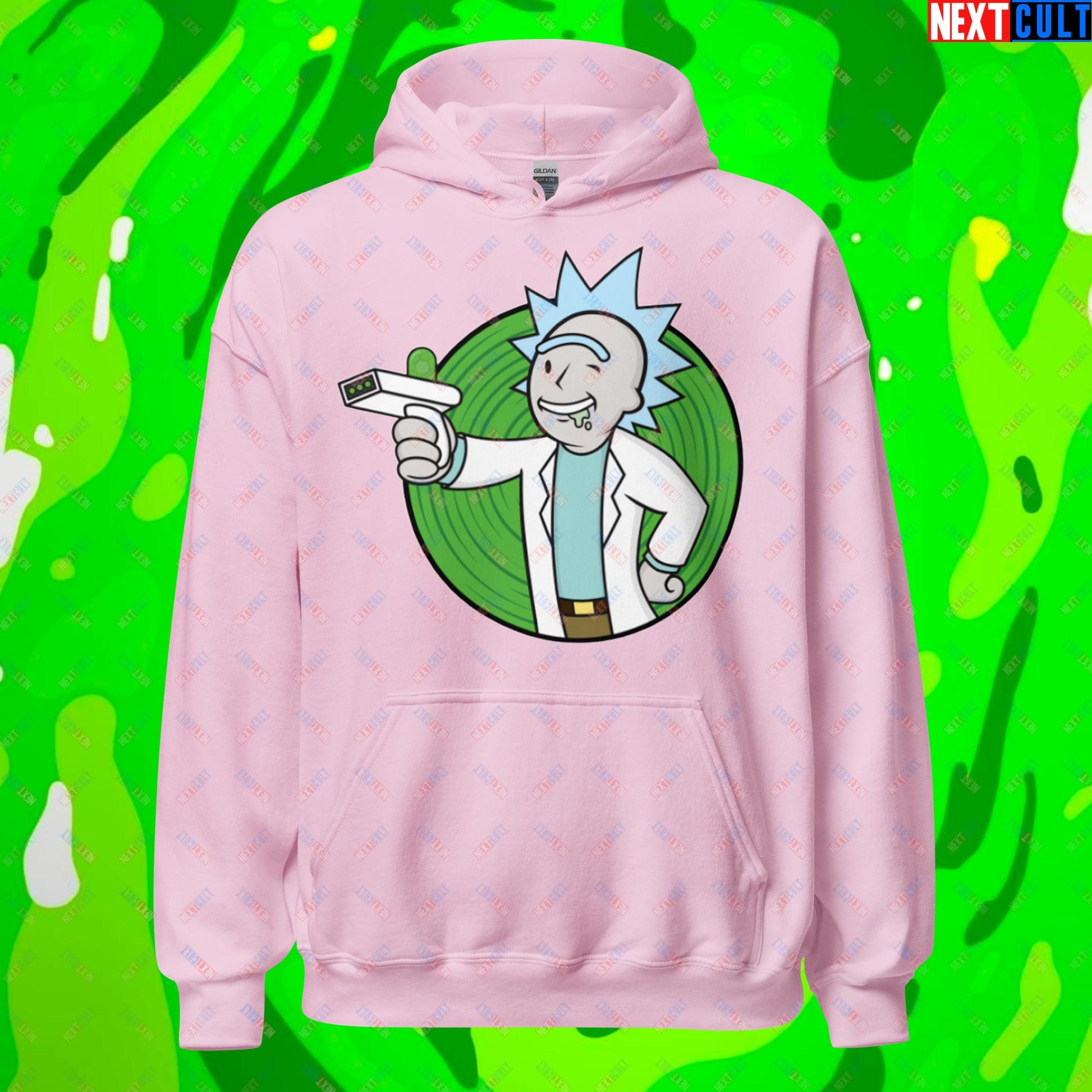 Science Boy Rick and Morty Vault Boy Fallout Funny Meme Cartoon Mashup Unisex Hoodie Light Pink Hoodies Fallout Rick and Morty TV Shows Vault Boy Next Cult Brand