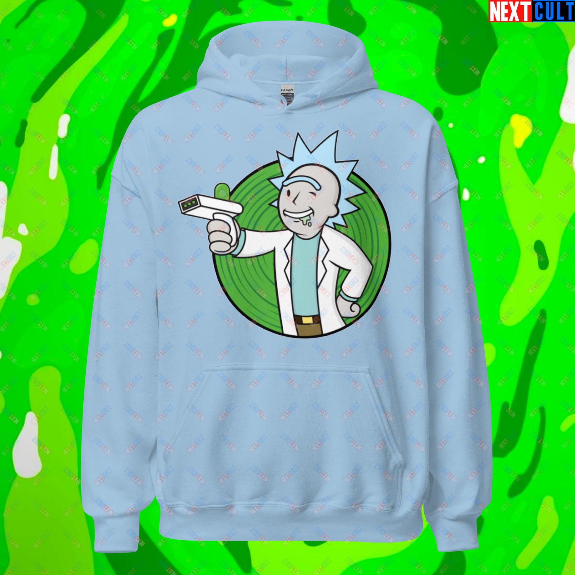 Science Boy Rick and Morty Vault Boy Fallout Funny Meme Cartoon Mashup Unisex Hoodie Light Blue Hoodies Fallout Rick and Morty TV Shows Vault Boy Next Cult Brand