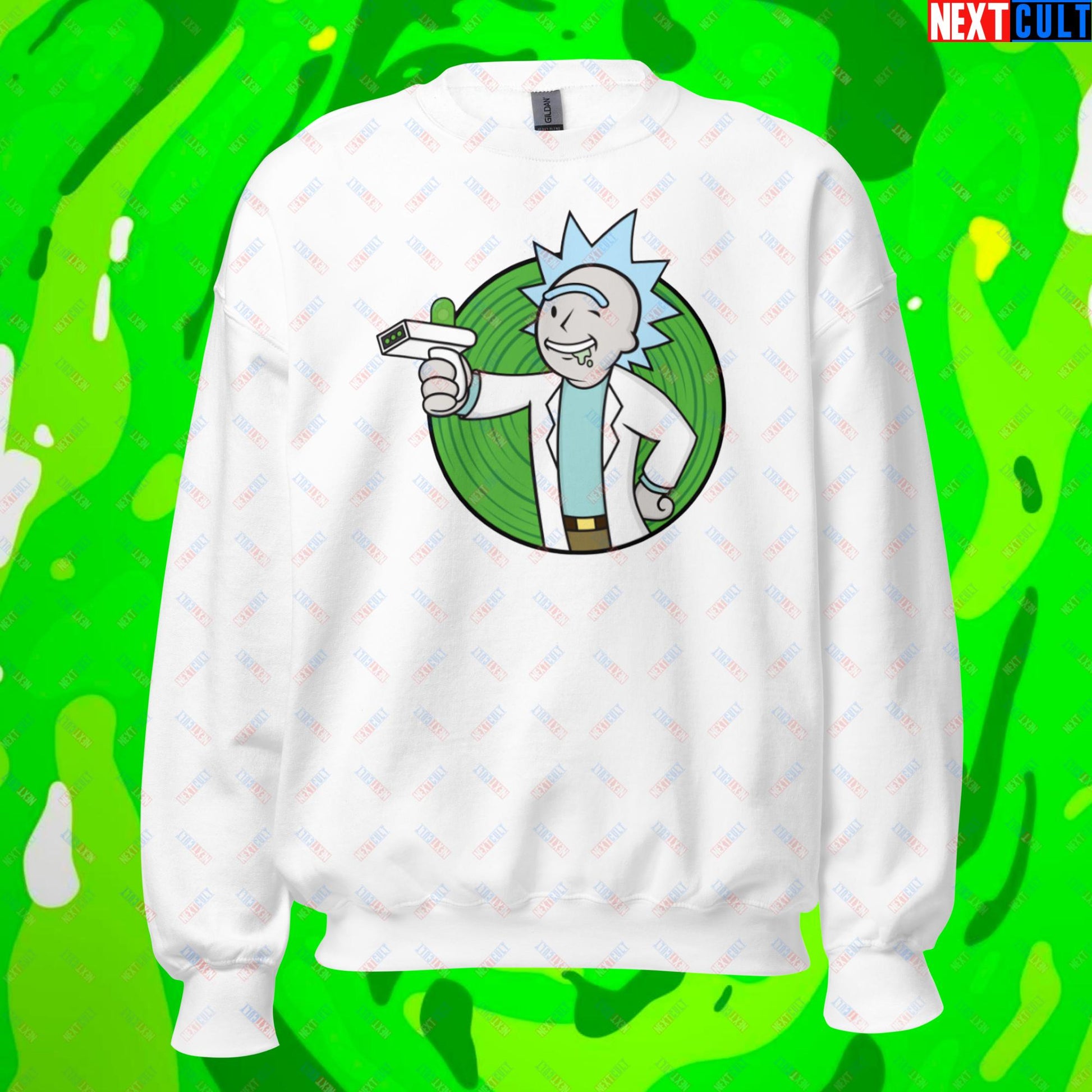 Science Boy Rick and Morty Vault Boy Fallout Funny Meme Cartoon Mashup Unisex Sweatshirt White Sweatshirts Fallout Rick and Morty TV Shows Vault Boy Next Cult Brand