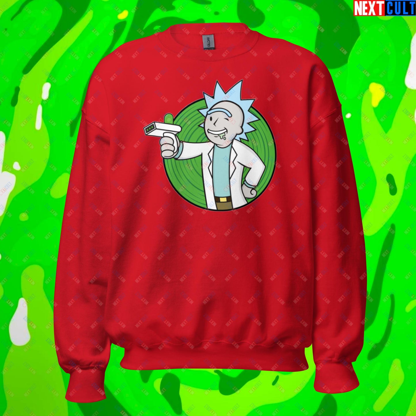 Science Boy Rick and Morty Vault Boy Fallout Funny Meme Cartoon Mashup Unisex Sweatshirt Red Sweatshirts Fallout Rick and Morty TV Shows Vault Boy Next Cult Brand