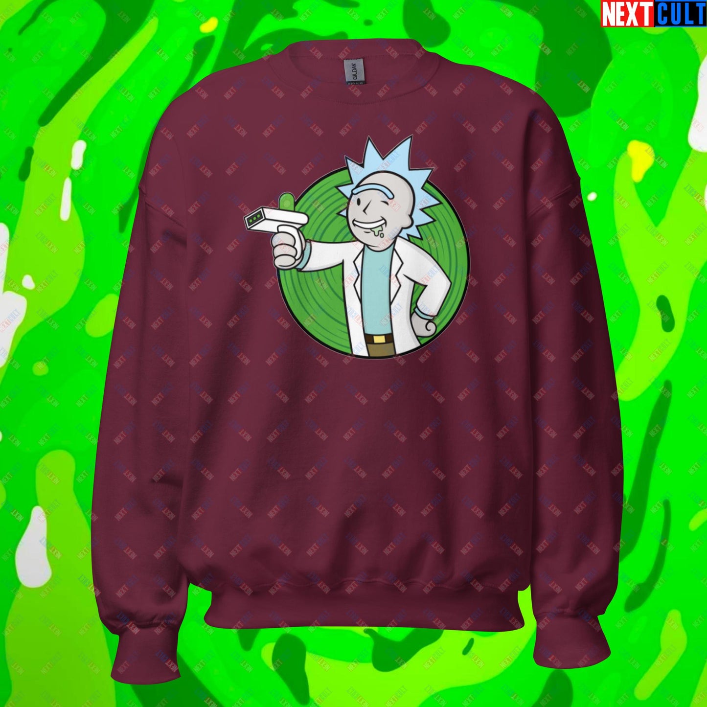 Science Boy Rick and Morty Vault Boy Fallout Funny Meme Cartoon Mashup Unisex Sweatshirt Maroon Sweatshirts Fallout Rick and Morty TV Shows Vault Boy Next Cult Brand