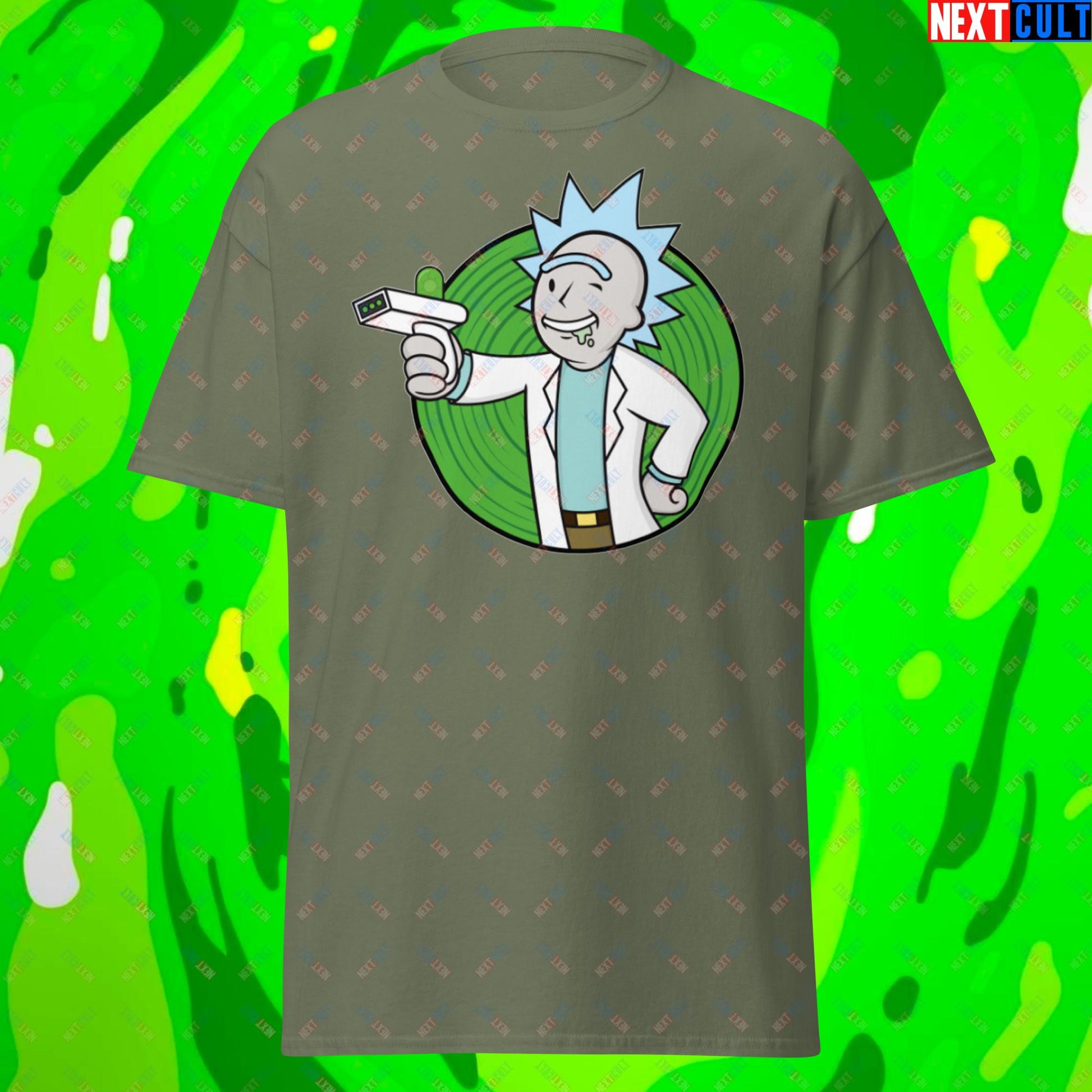 Science Boy Rick and Morty Vault Boy Fallout Funny Meme Cartoon Mashup Unisex classic tee Military Green T-shirts Fallout Rick and Morty TV Shows Vault Boy Next Cult Brand