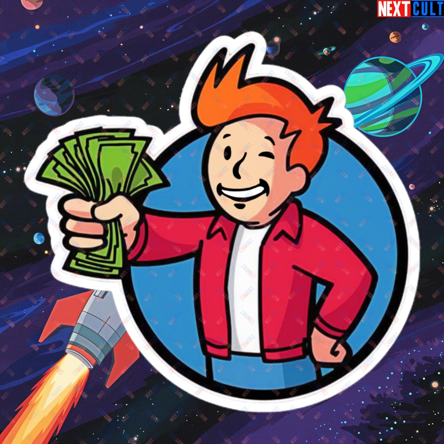 Shut Up And Take My Money Fry Boy Futurama Vault Boy Fallout Funny Cartoon Mashup Bubble-free stickers Next Cult Brand