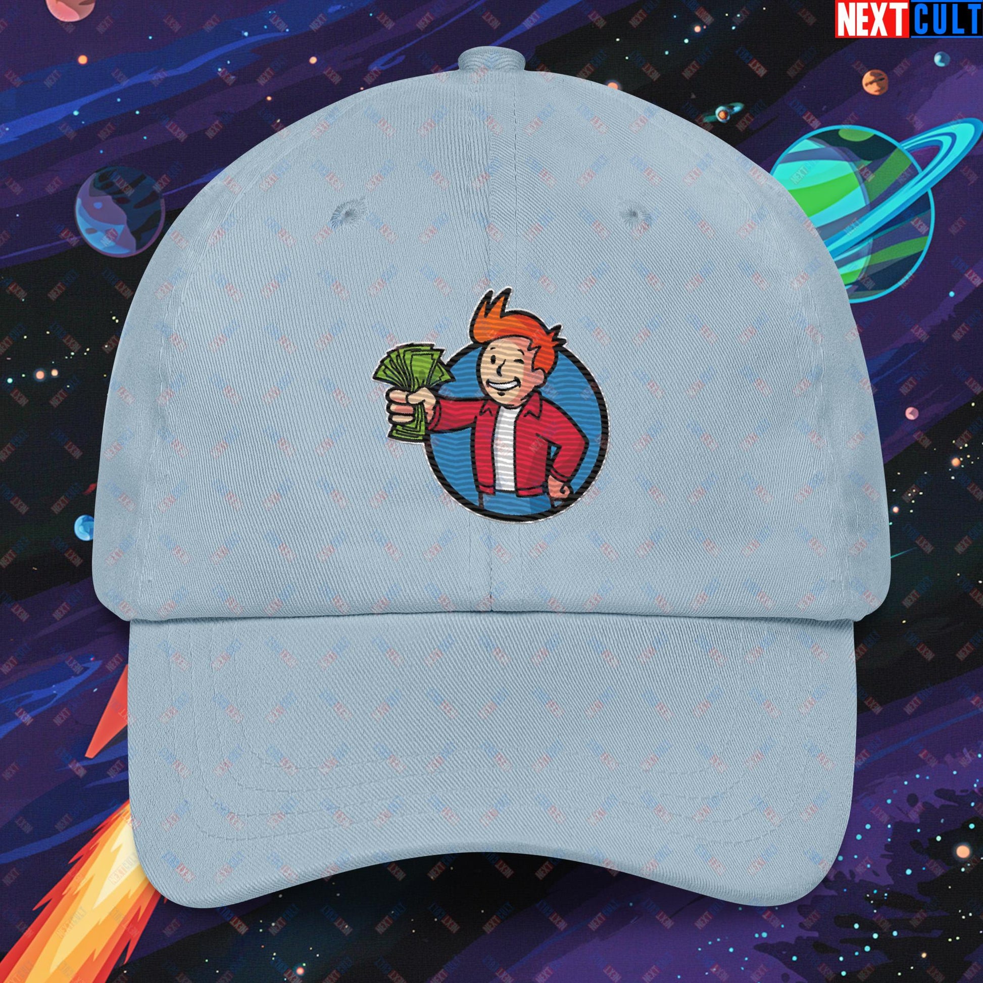 Shut Up And Take My Money Fry Boy Futurama Vault Boy Fallout Funny Cartoon Mashup Dad hat Light Blue Hats Fallout Futurama TV Shows Vault Boy Next Cult Brand