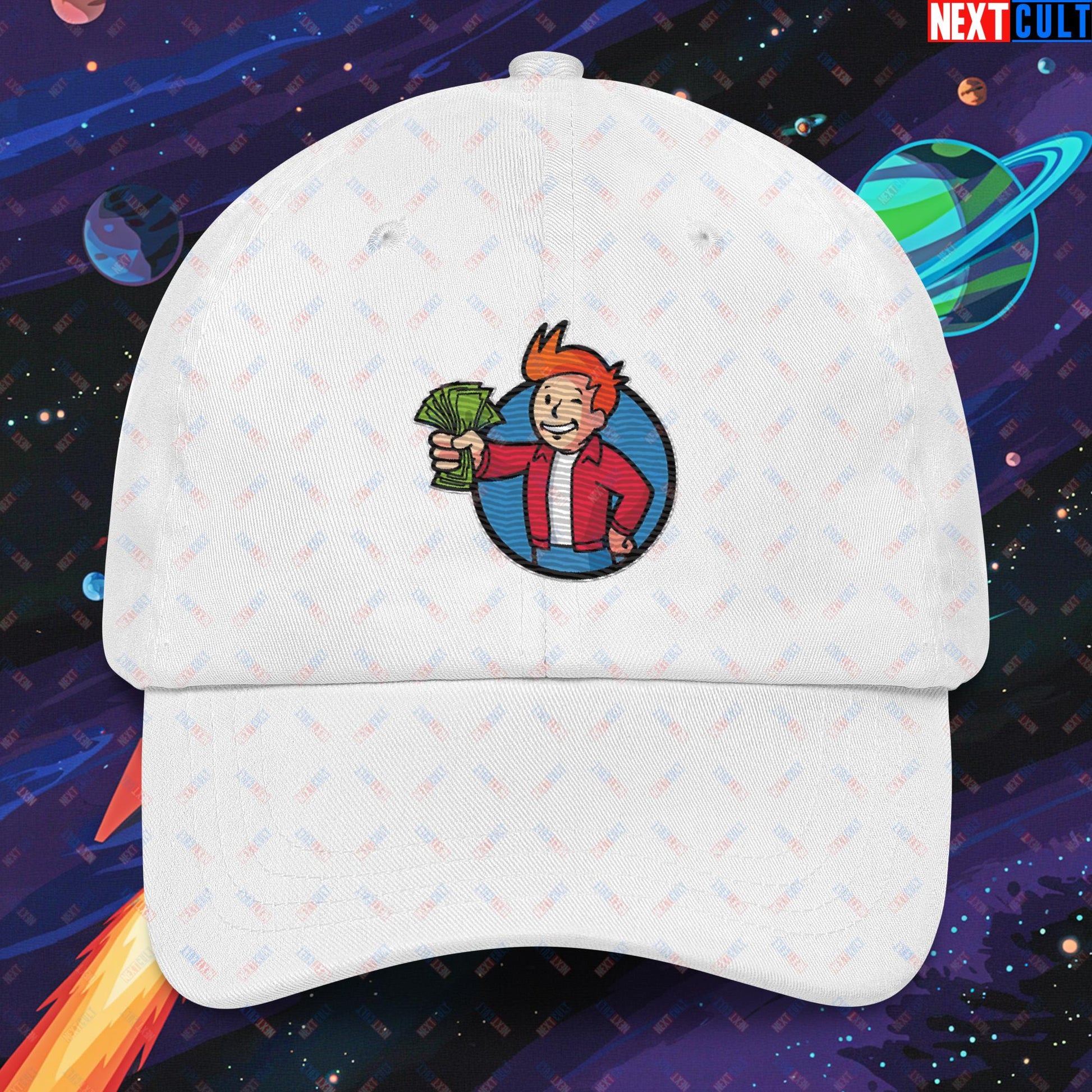 Shut Up And Take My Money Fry Boy Futurama Vault Boy Fallout Funny Cartoon Mashup Dad hat White Hats Fallout Futurama TV Shows Vault Boy Next Cult Brand