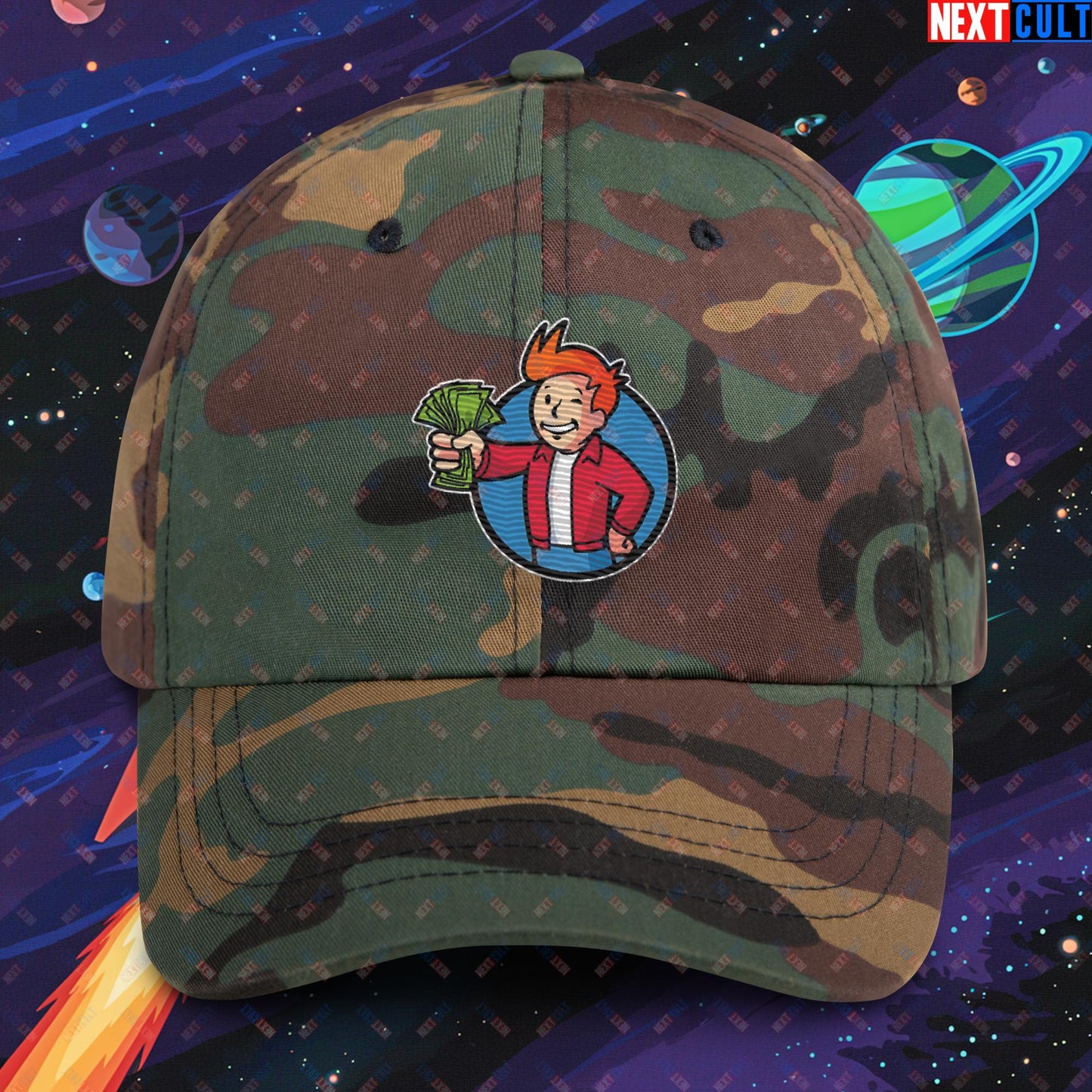 Shut Up And Take My Money Fry Boy Futurama Vault Boy Fallout Funny Cartoon Mashup Dad hat Green Camo Hats Fallout Futurama TV Shows Vault Boy Next Cult Brand