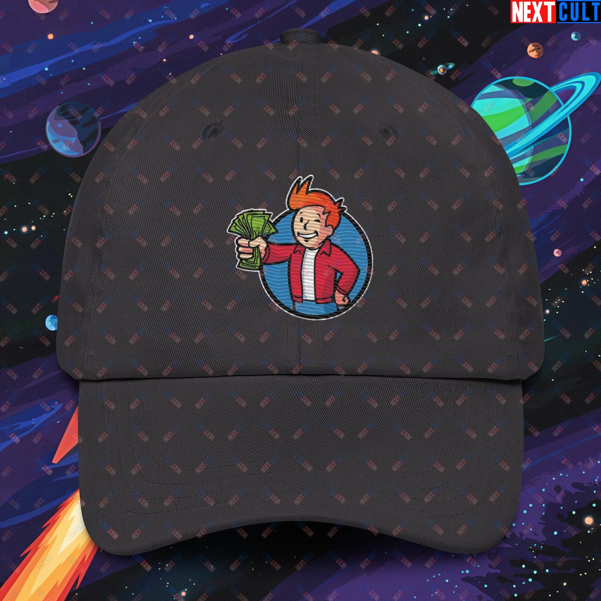 Shut Up And Take My Money Fry Boy Futurama Vault Boy Fallout Funny Cartoon Mashup Dad hat Dark Grey Hats Fallout Futurama TV Shows Vault Boy Next Cult Brand