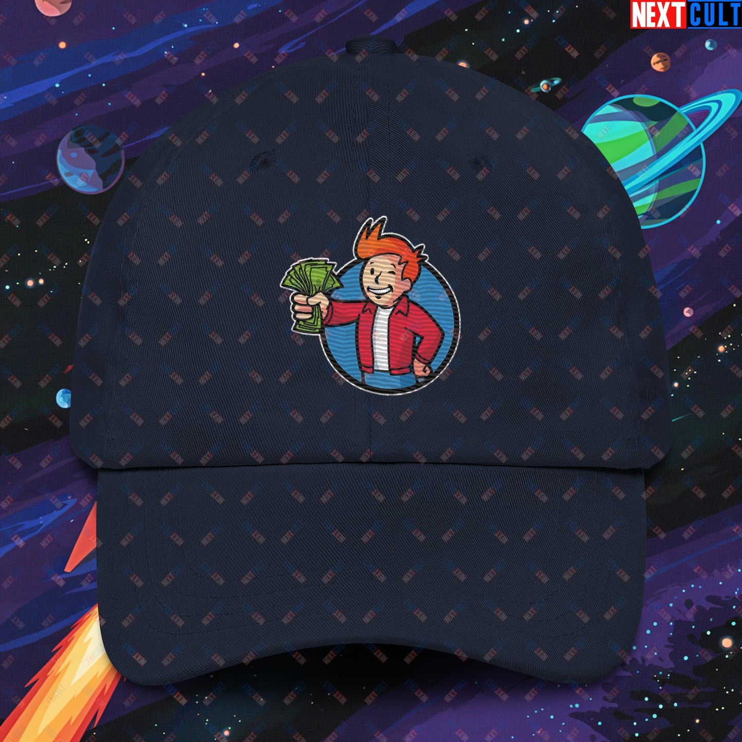 Shut Up And Take My Money Fry Boy Futurama Vault Boy Fallout Funny Cartoon Mashup Dad hat Navy Hats Fallout Futurama TV Shows Vault Boy Next Cult Brand