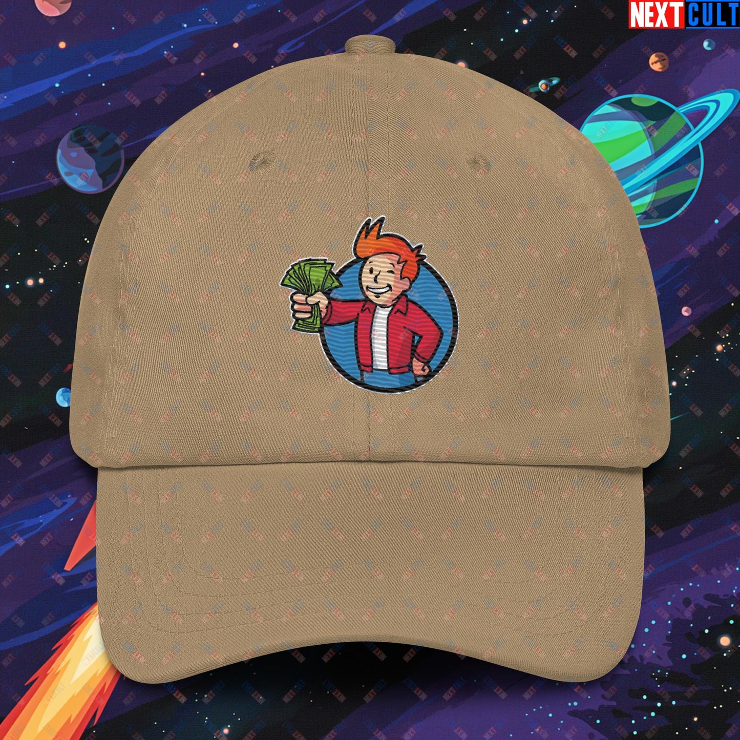 Shut Up And Take My Money Fry Boy Futurama Vault Boy Fallout Funny Cartoon Mashup Dad hat Khaki Hats Fallout Futurama TV Shows Vault Boy Next Cult Brand