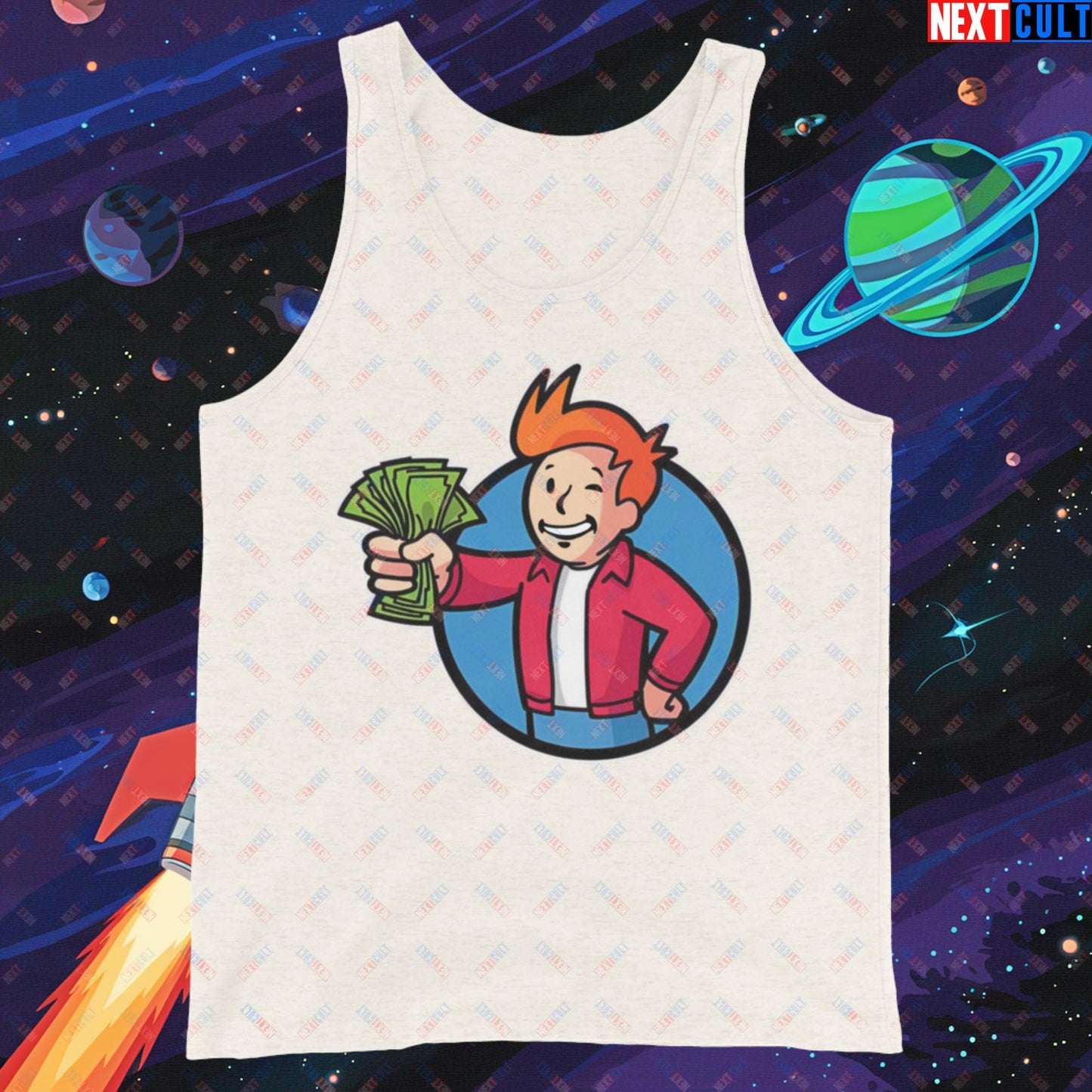 Shut Up And Take My Money Fry Boy Futurama Vault Boy Fallout Funny Cartoon Mashup Tank Top Oatmeal Triblend Tank Tops Fallout Futurama TV Shows Vault Boy Next Cult Brand