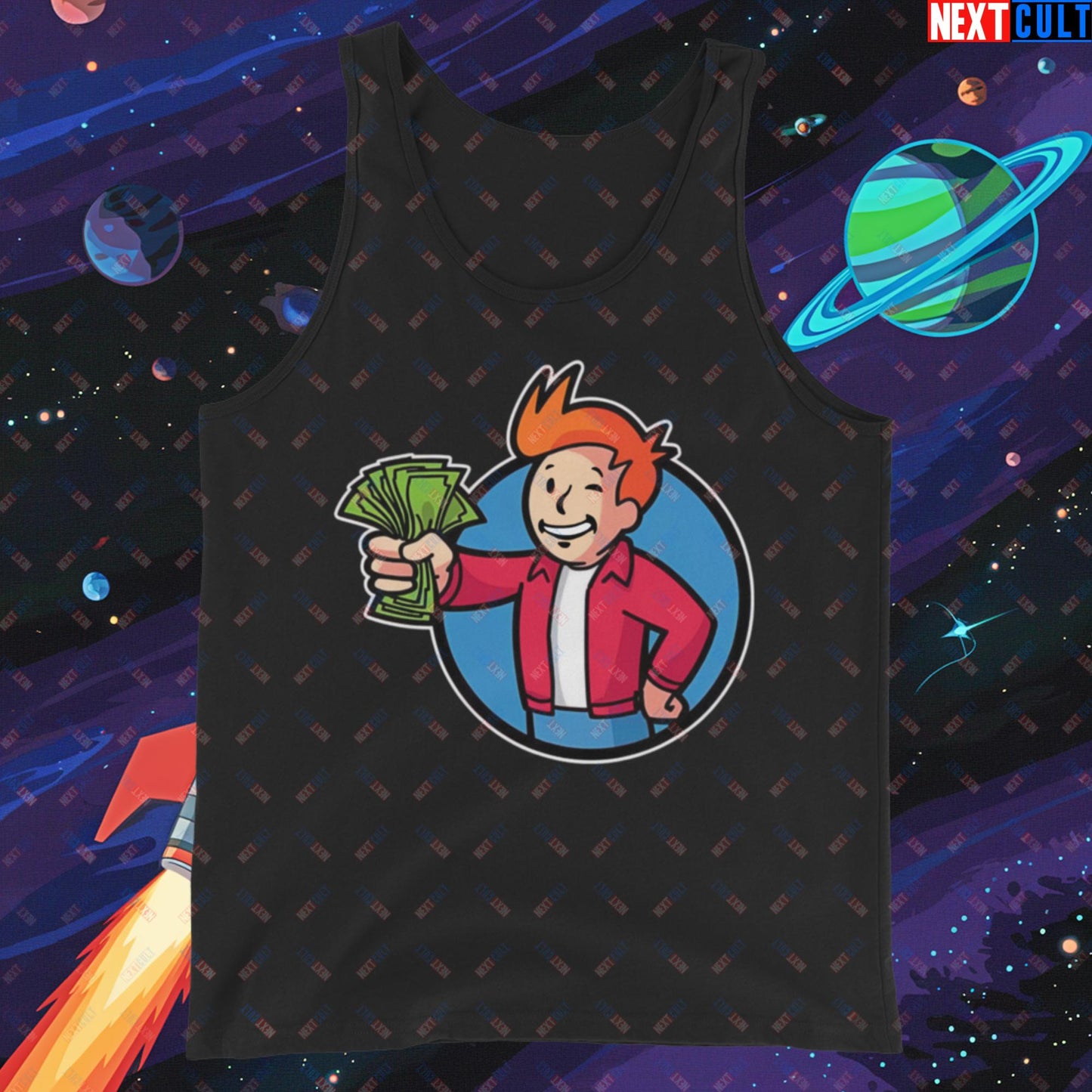 Shut Up And Take My Money Fry Boy Futurama Vault Boy Fallout Funny Cartoon Mashup Tank Top Black Tank Tops Fallout Futurama TV Shows Vault Boy Next Cult Brand