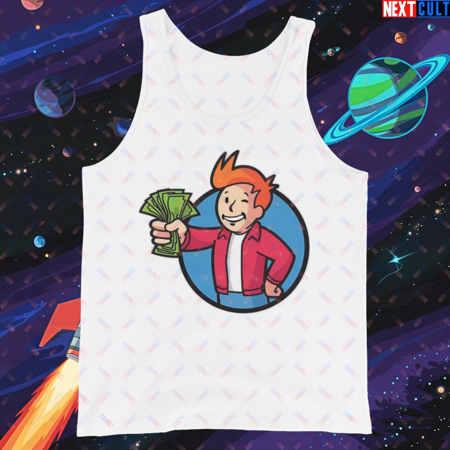 Shut Up And Take My Money Fry Boy Futurama Vault Boy Fallout Funny Cartoon Mashup Tank Top White Tank Tops Fallout Futurama TV Shows Vault Boy Next Cult Brand