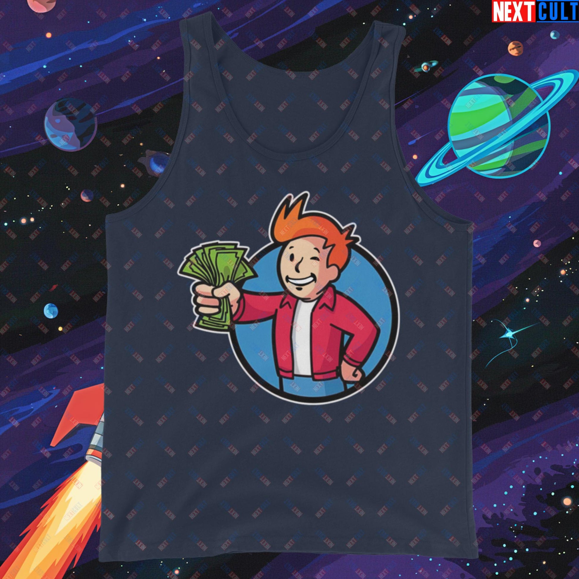 Shut Up And Take My Money Fry Boy Futurama Vault Boy Fallout Funny Cartoon Mashup Tank Top Next Cult Brand