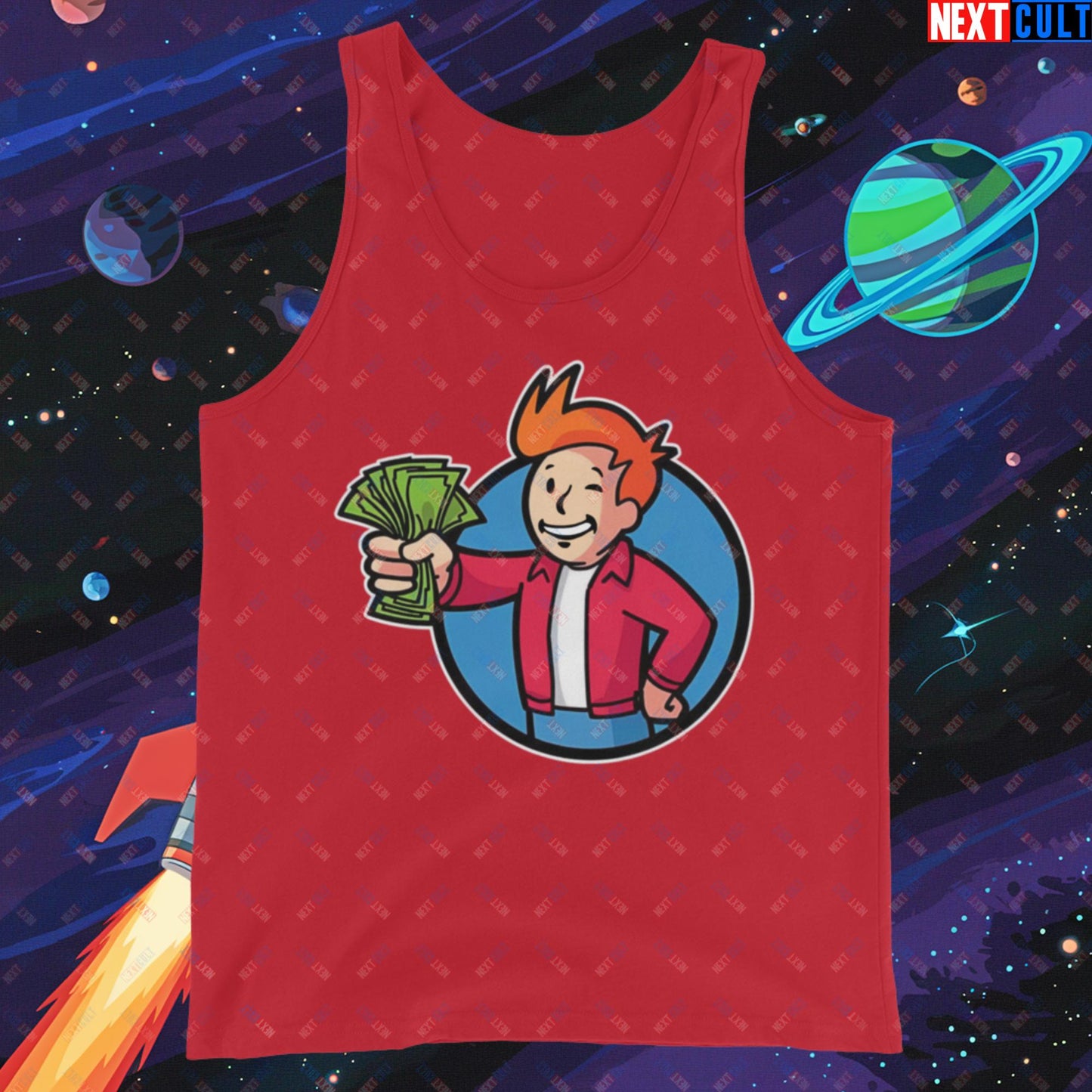 Shut Up And Take My Money Fry Boy Futurama Vault Boy Fallout Funny Cartoon Mashup Tank Top Red Tank Tops Fallout Futurama TV Shows Vault Boy Next Cult Brand