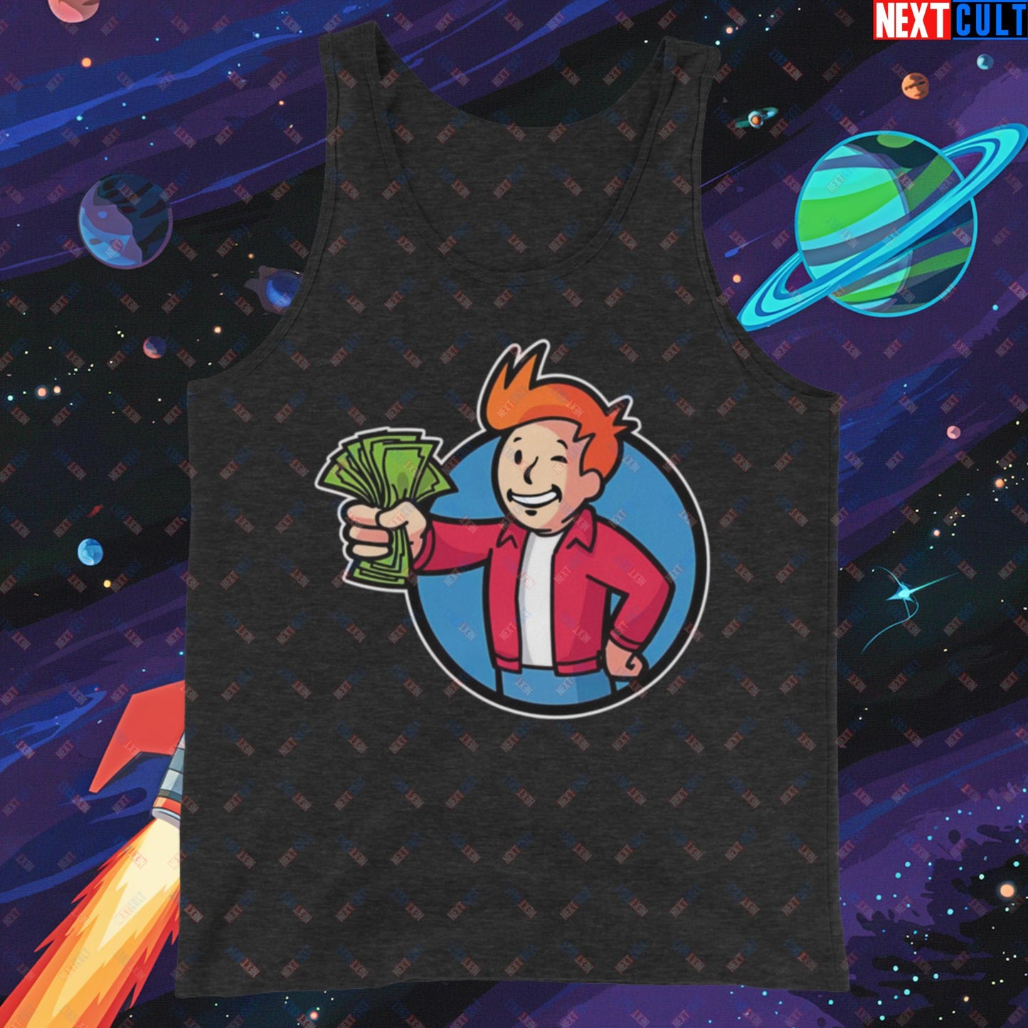 Shut Up And Take My Money Fry Boy Futurama Vault Boy Fallout Funny Cartoon Mashup Tank Top Next Cult Brand