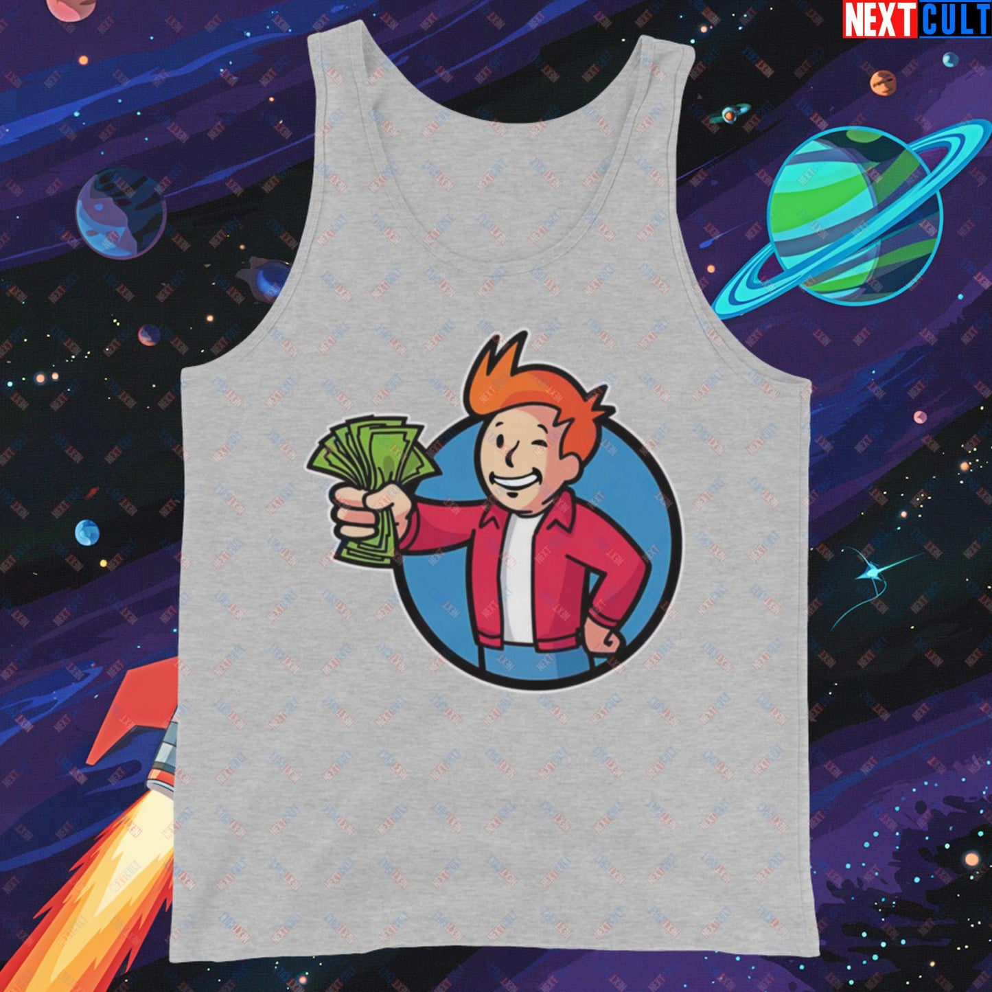 Shut Up And Take My Money Fry Boy Futurama Vault Boy Fallout Funny Cartoon Mashup Tank Top Athletic Heather Tank Tops Fallout Futurama TV Shows Vault Boy Next Cult Brand