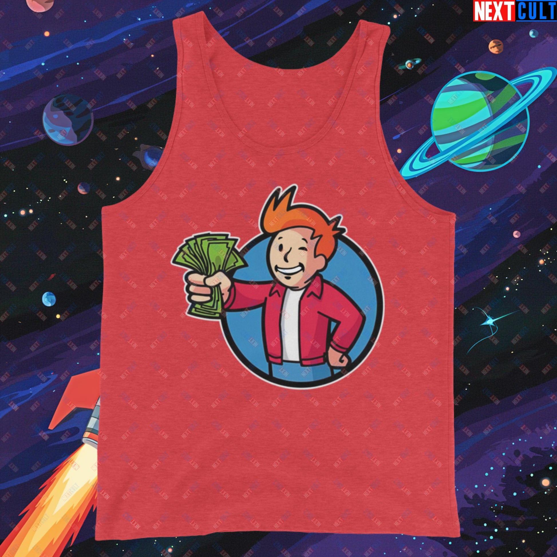 Shut Up And Take My Money Fry Boy Futurama Vault Boy Fallout Funny Cartoon Mashup Tank Top Red Triblend Tank Tops Fallout Futurama TV Shows Vault Boy Next Cult Brand