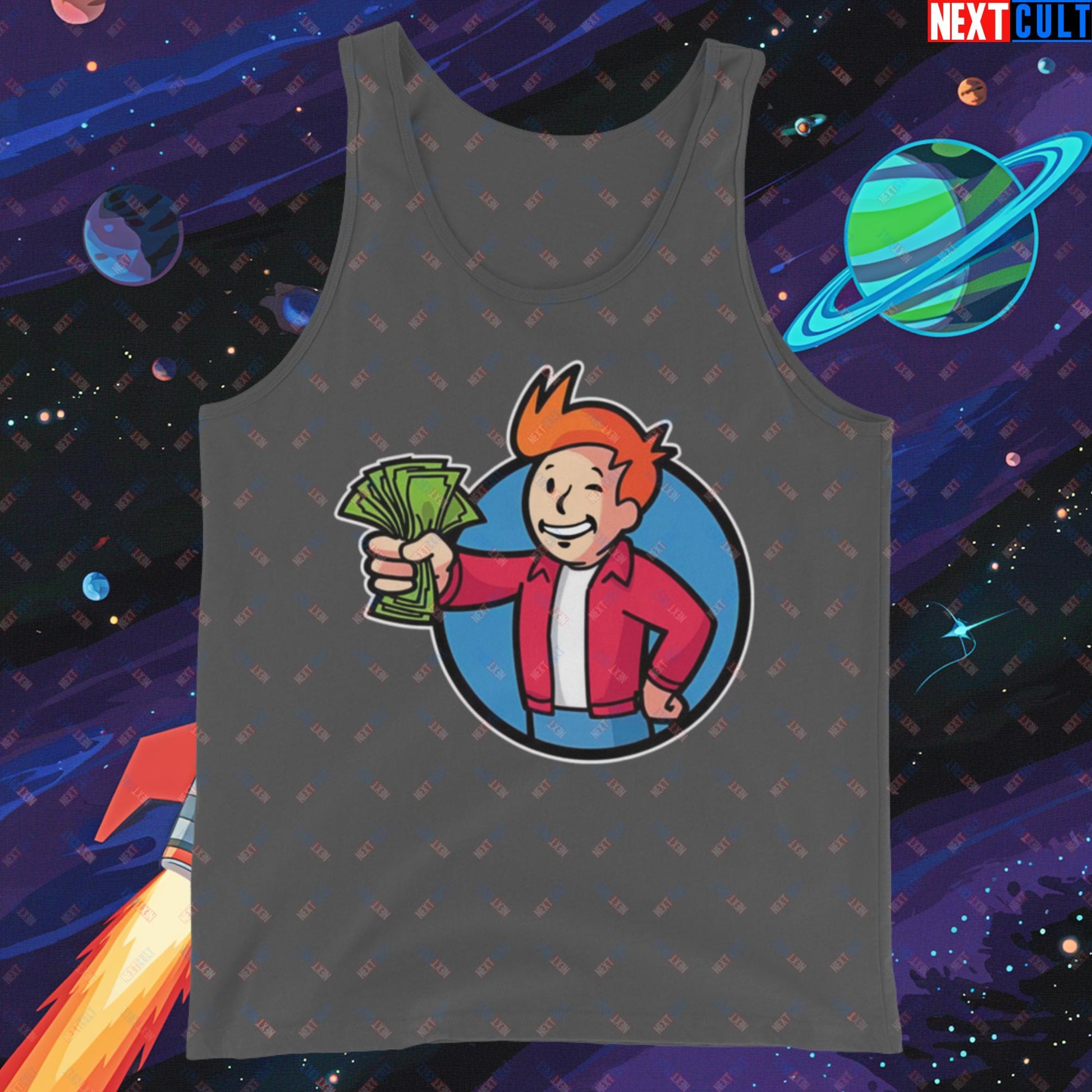 Shut Up And Take My Money Fry Boy Futurama Vault Boy Fallout Funny Cartoon Mashup Tank Top Asphalt Tank Tops Fallout Futurama TV Shows Vault Boy Next Cult Brand