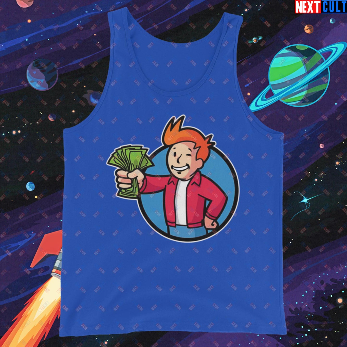 Shut Up And Take My Money Fry Boy Futurama Vault Boy Fallout Funny Cartoon Mashup Tank Top True Royal Tank Tops Fallout Futurama TV Shows Vault Boy Next Cult Brand