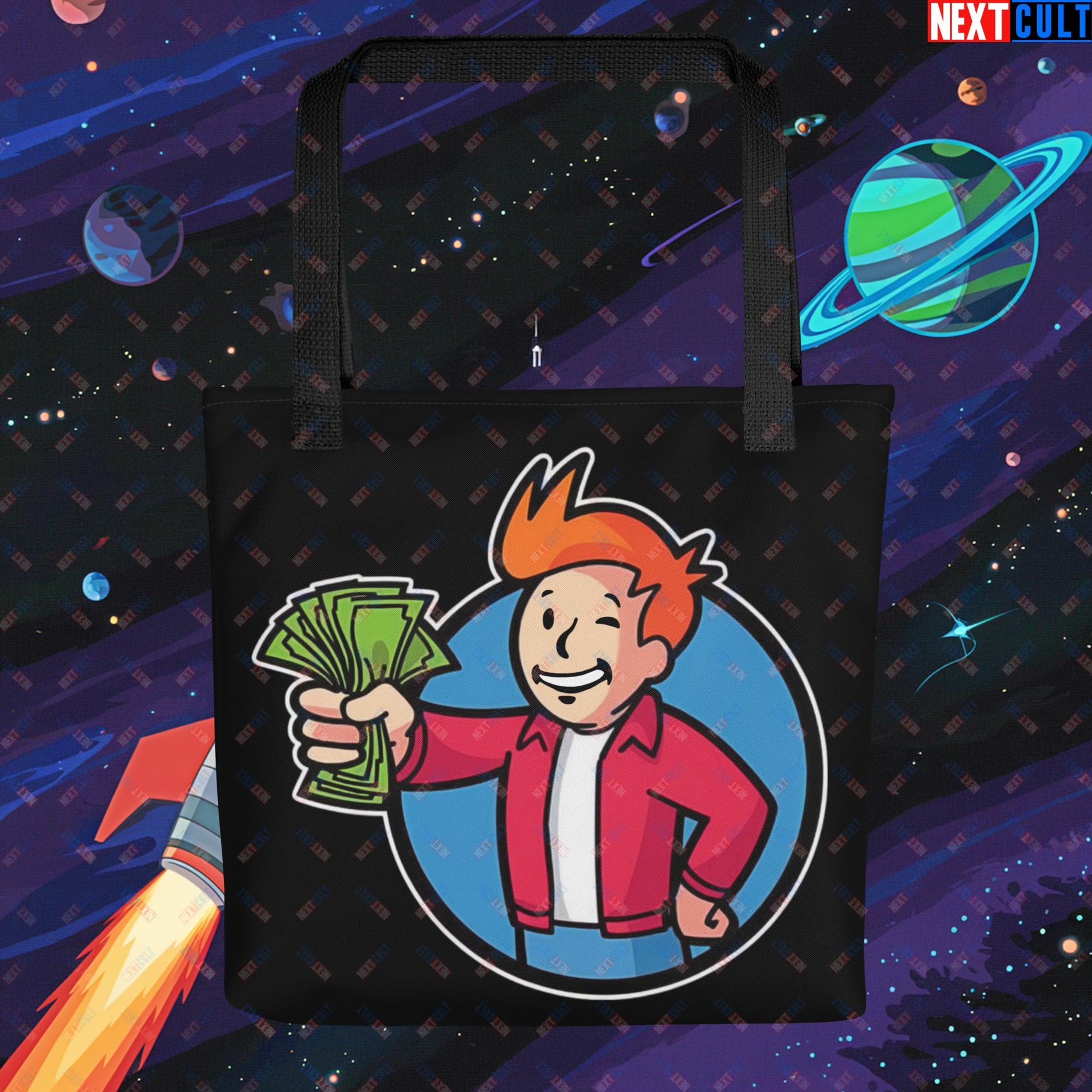 Shut Up And Take My Money Fry Boy Futurama Vault Boy Fallout Funny Cartoon Mashup Tote bag Next Cult Brand