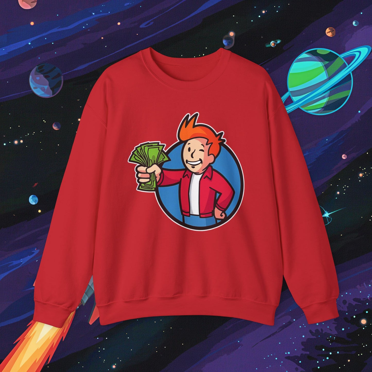 Shut Up And Take My Money Fry Boy Futurama Vault Boy Fallout Funny Cartoon Mashup Unisex Heavy Blend Crewneck Sweatshirt Next Cult Brand