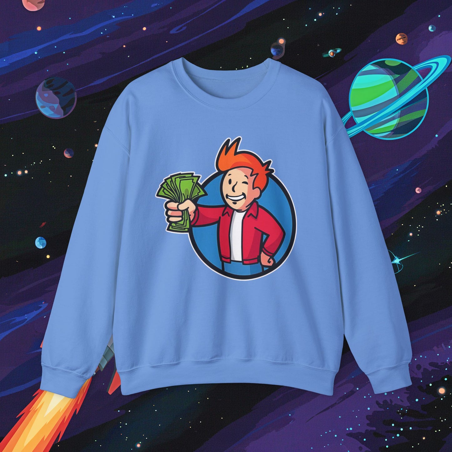 Shut Up And Take My Money Fry Boy Futurama Vault Boy Fallout Funny Cartoon Mashup Unisex Heavy Blend Crewneck Sweatshirt Carolina Blue Sweatshirts Fallout Futurama TV Shows Vault Boy Printify