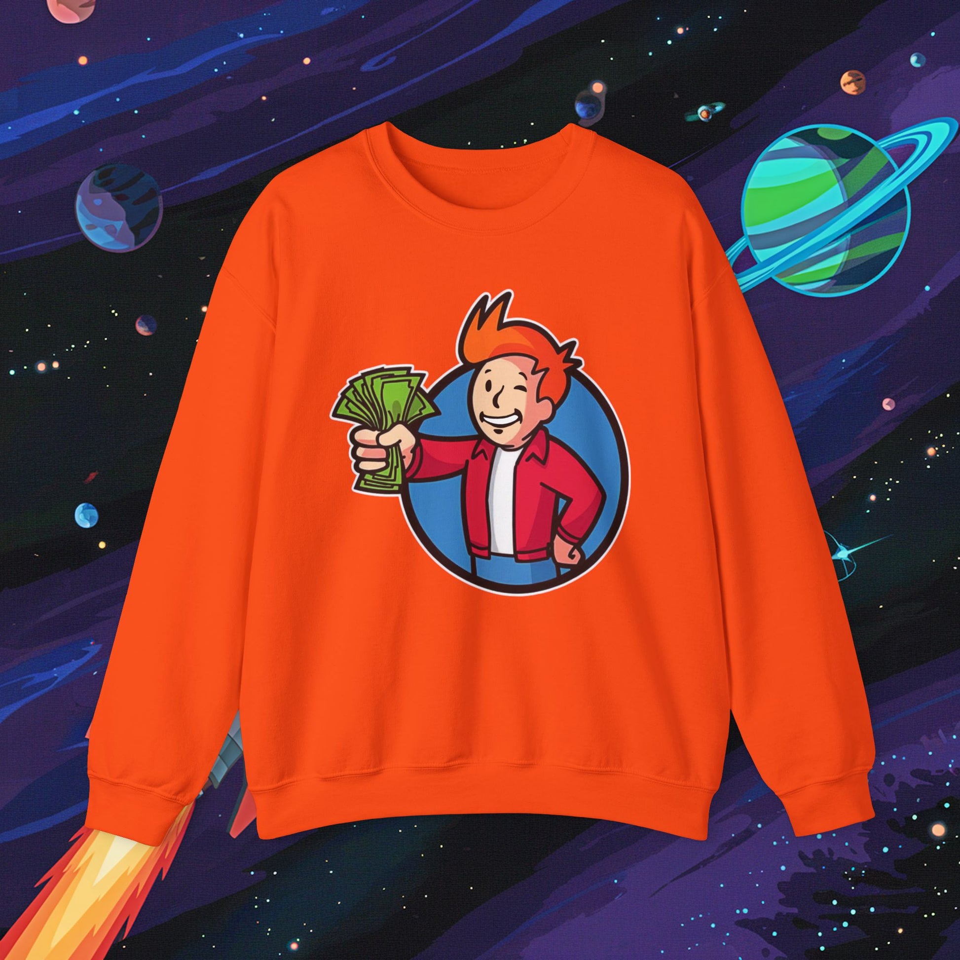 Shut Up And Take My Money Fry Boy Futurama Vault Boy Fallout Funny Cartoon Mashup Unisex Heavy Blend Crewneck Sweatshirt Orange Sweatshirts Fallout Futurama TV Shows Vault Boy Printify