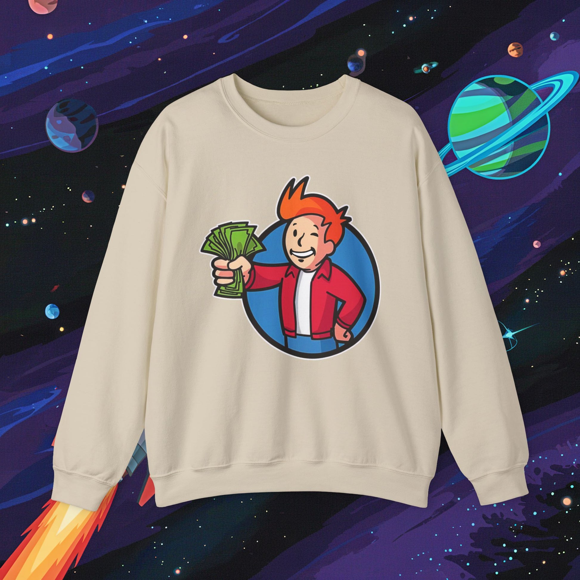 Shut Up And Take My Money Fry Boy Futurama Vault Boy Fallout Funny Cartoon Mashup Unisex Heavy Blend Crewneck Sweatshirt Sand Sweatshirts Fallout Futurama TV Shows Vault Boy Printify