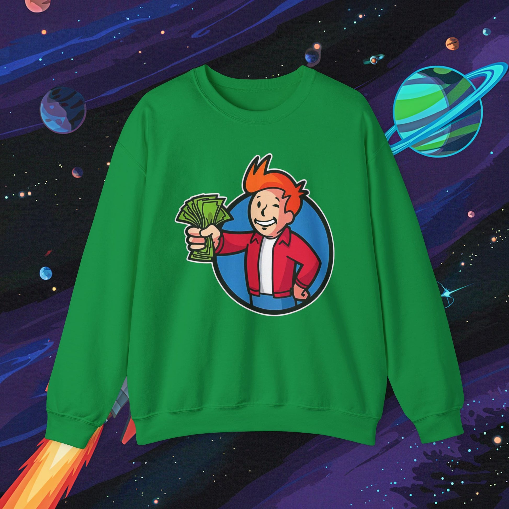 Shut Up And Take My Money Fry Boy Futurama Vault Boy Fallout Funny Cartoon Mashup Unisex Heavy Blend Crewneck Sweatshirt Irish Green Sweatshirts Fallout Futurama TV Shows Vault Boy Printify